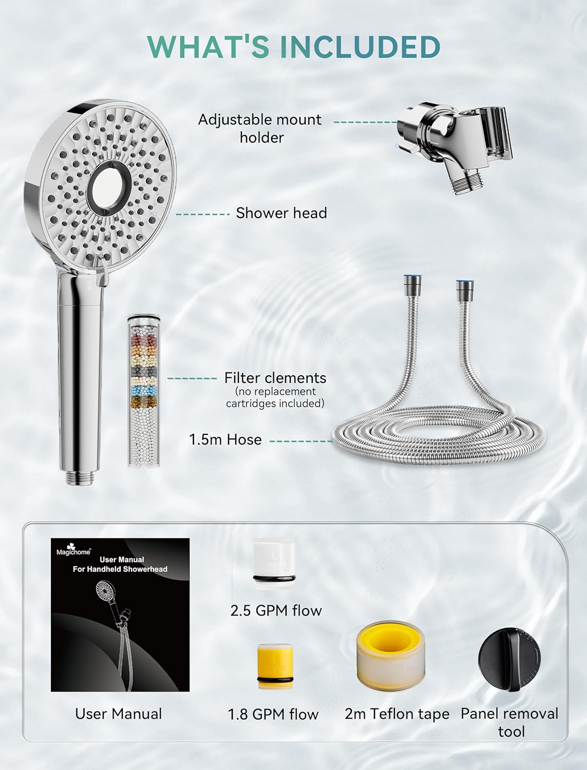Filtered Shower Head with Handheld, High Pressure 10-Spd Detachable Chrome Showerhead with Stainless Hose, Water Softener Filter Beads for Hard Water - Remove Chlorine, Reduce Dry Itchy Skin