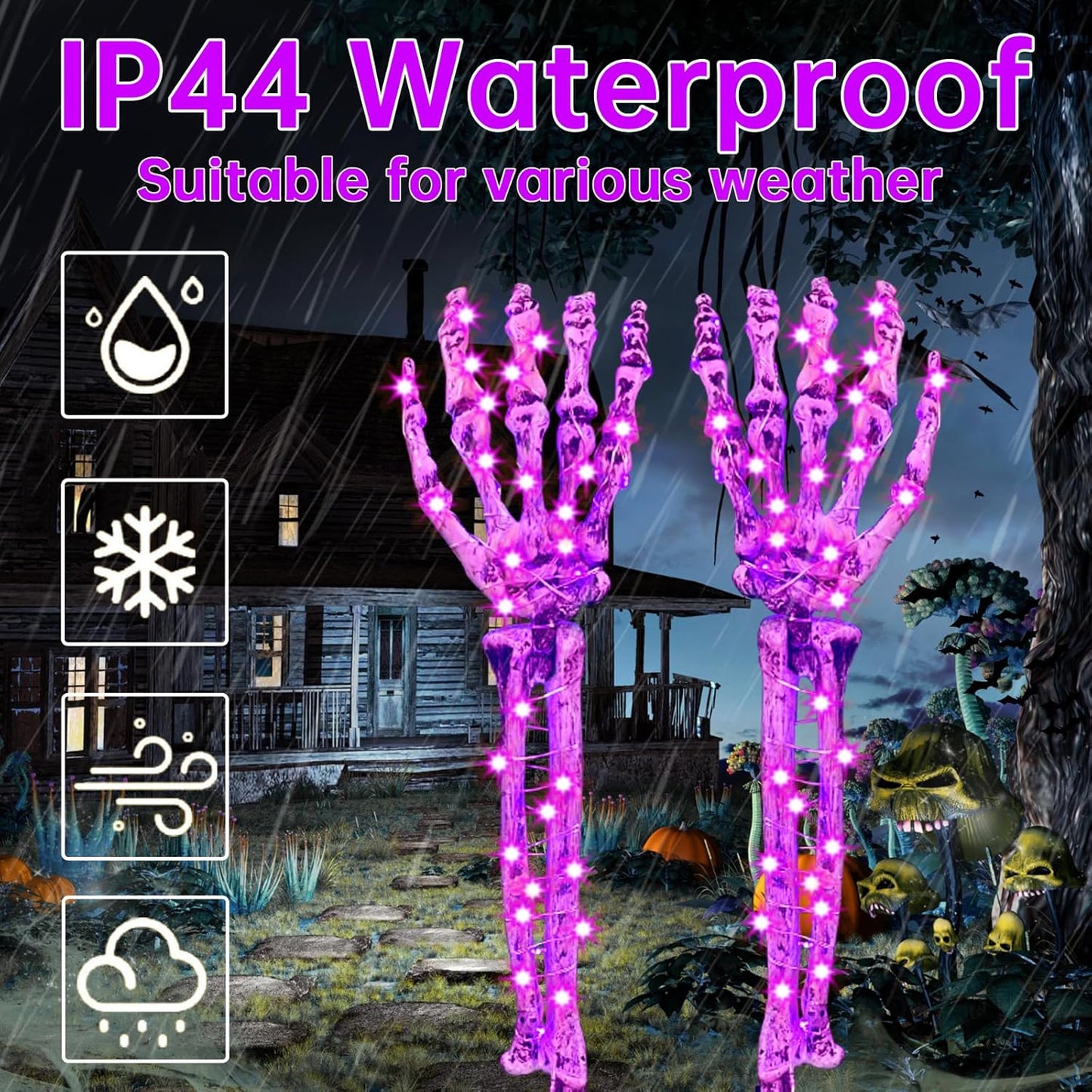 Halloween Solar Skeleton Arm Stakes with 100 Purple LED Lights, Scary LED Bone Hands with 8 Lighting Modes for Pathway Garden Outdoor Decorations