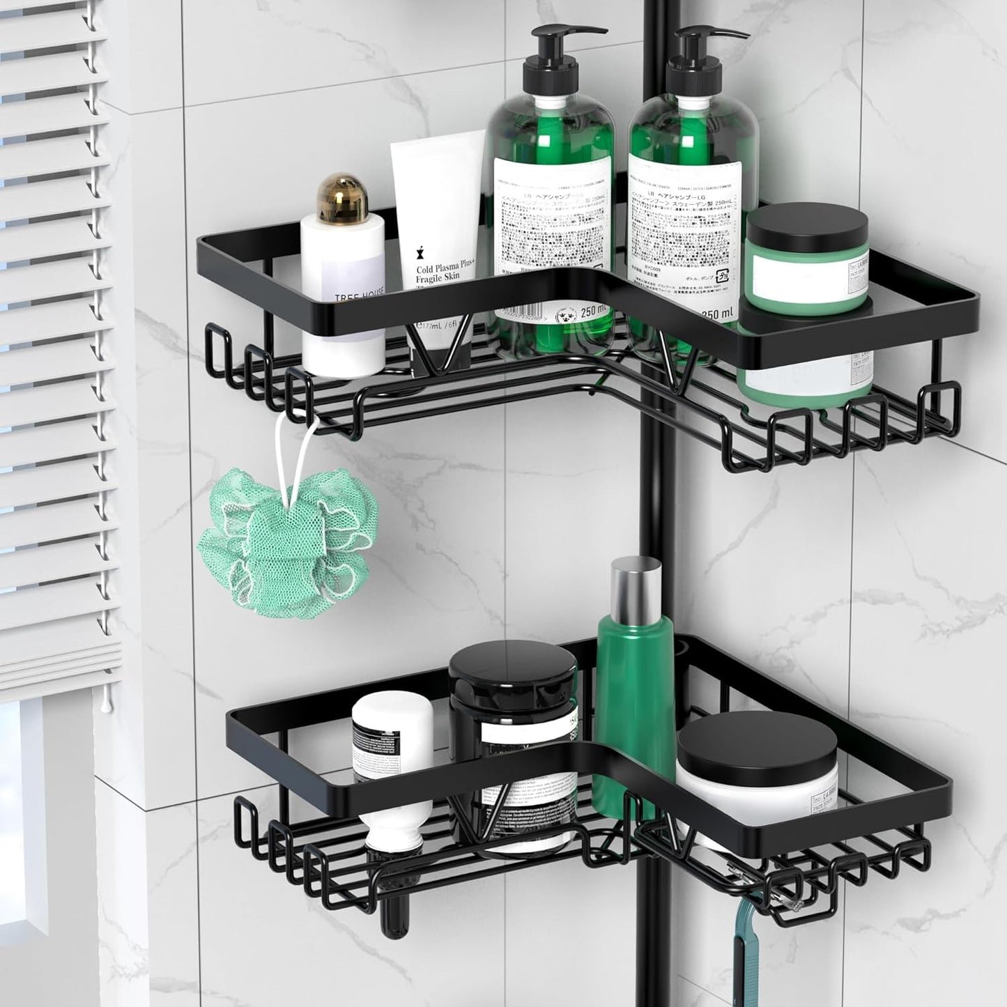 Corner Shower Caddy Tension Pole - 4 Tier Stainless Steel Rustproof Shower Corner Caddy for Bathtub Bathroom Shower Organizer Shelves Adjustable Pole 25-114.2 Inch Black