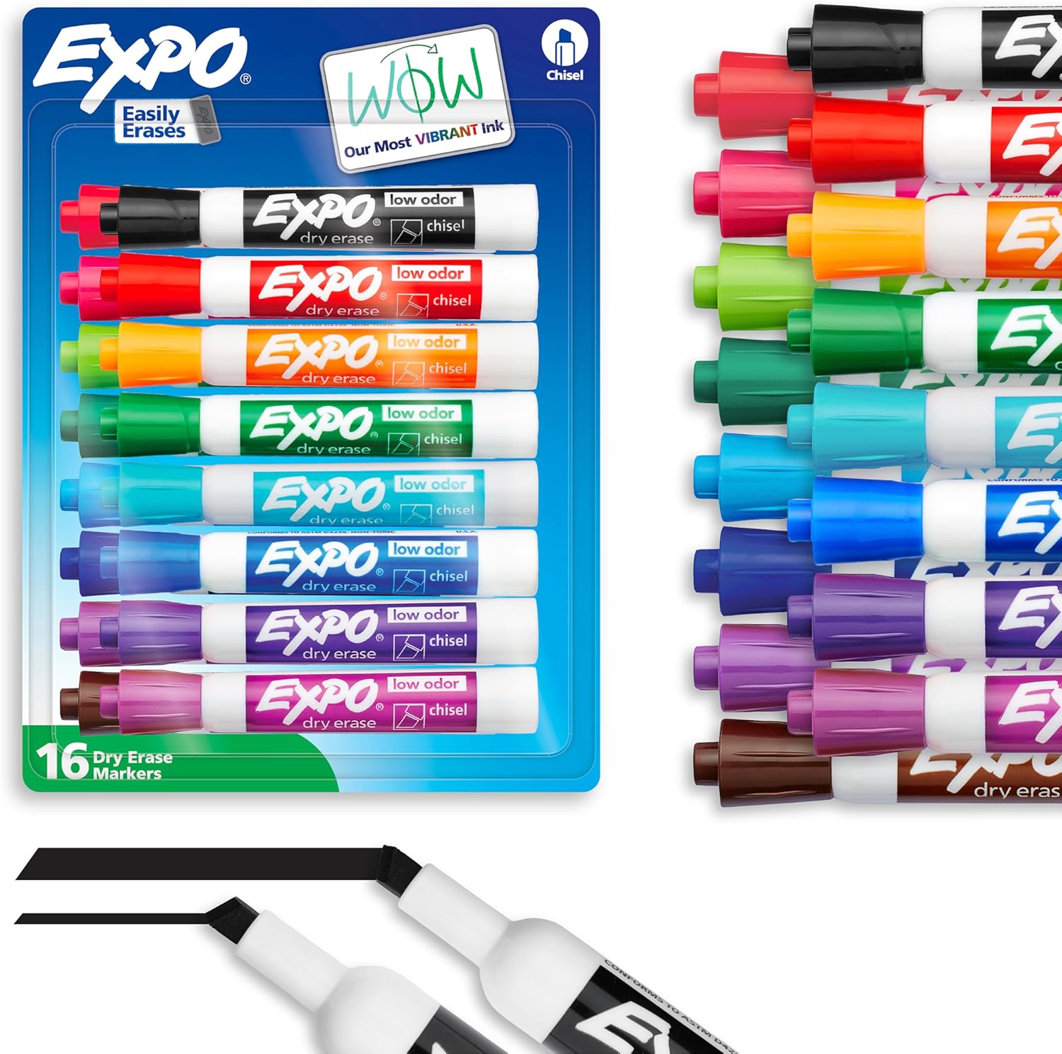 EXPO Dry Erase Markers, Low Odor Ink, Assorted Colors, Chisel Tip, 16 