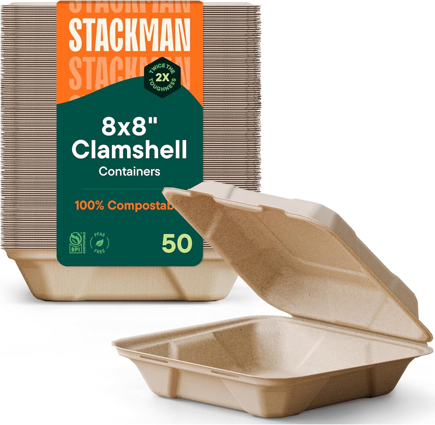 100% Compostable Clamshell Take Out Food Containers [8X8" 50-Pack] Heavy-Duty Quality to go Containers, Natural Disposable Bagasse, Eco-Friendly Biodegradable Made of Sugar Cane Fibers