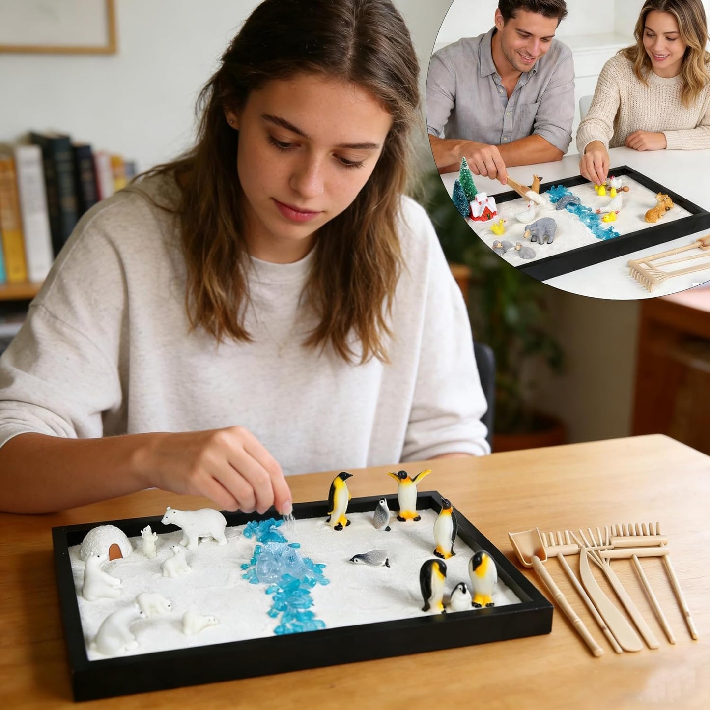 Decorative 47pcs 2-in-1 Penguin & Farm Animals Zen Sand Garden Kit, Mindfulness Relaxation Tabletop Therapy Set for Adults with Miniature Animals, Stress Relief Sandbox for Home Office Meditation