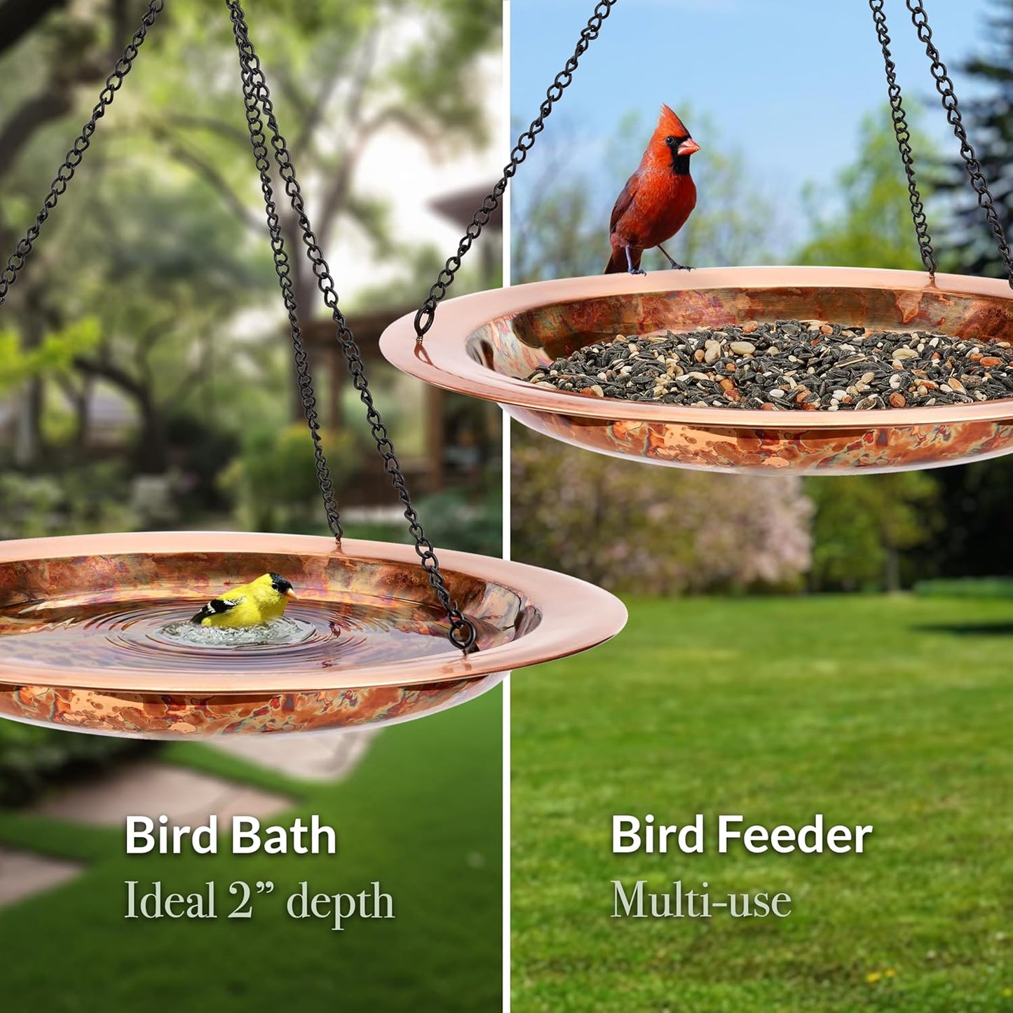 Good Directions Hanging Fire Copper Bird Bath for Outside Backyard, Outdoor, Patio, Garden, Birdbath Gift for Bird Lovers Watchers, Large 18" Pure Copper Metal