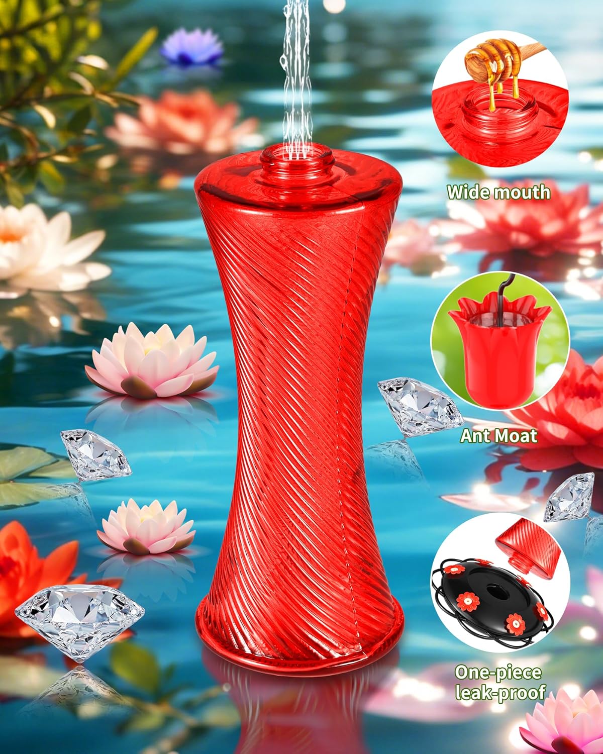 Hanging 20oz Glass Hummingbird Feeder with Moat, Small Outdoor Plastic