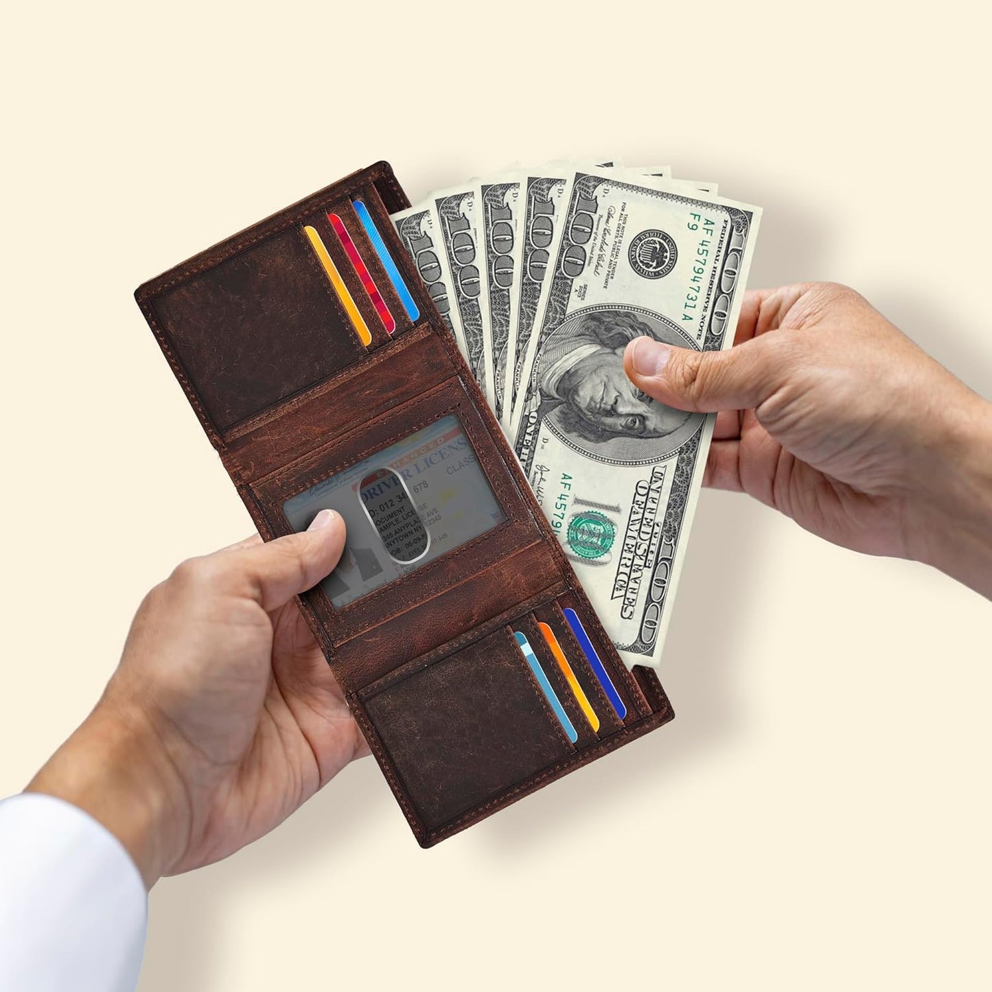 Real Leather Mens Trifold Wallet RFID Blocking Slim Minimalist Front P