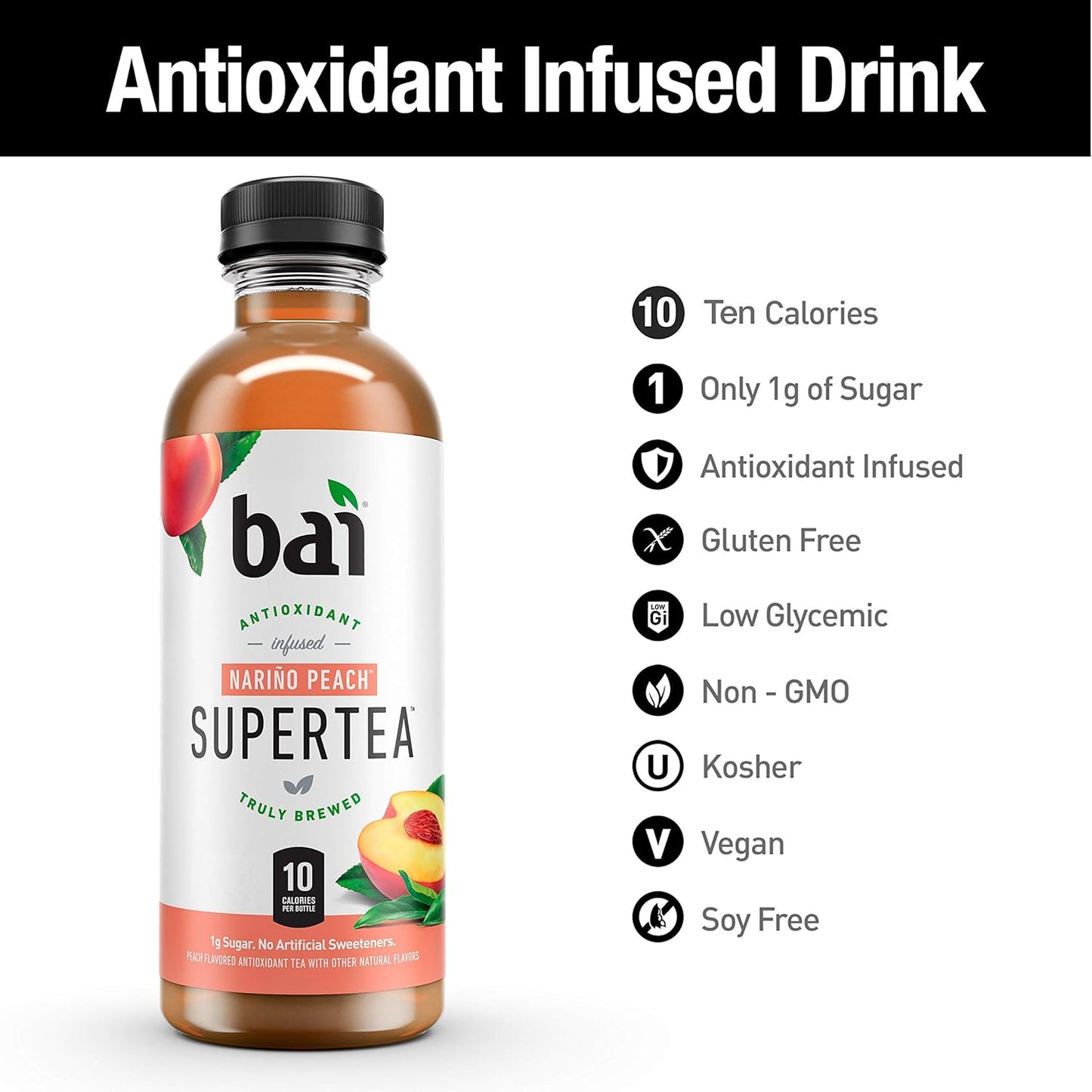 Bai Iced Tea, Narino Peach, Antioxidant Infused Supertea, Crafted with