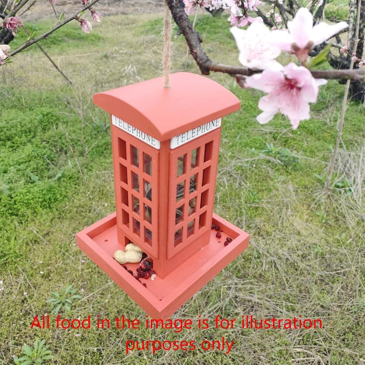 Bird Feeder - Red Telephone Box Shape Wooden Spill-Resistant Birdfeede