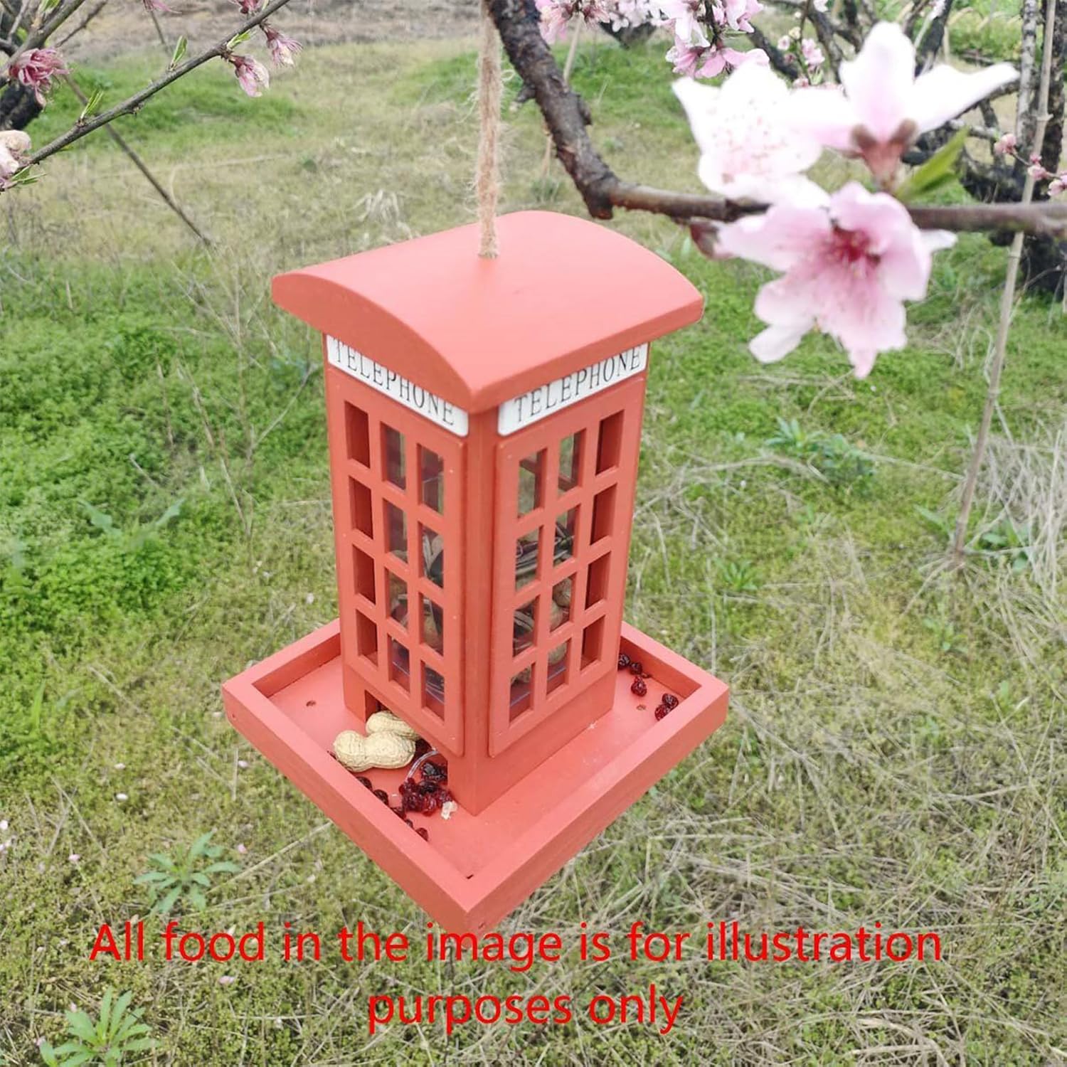 Bird Feeder - Red Telephone Box Shape Wooden Spill-Resistant Birdfeede