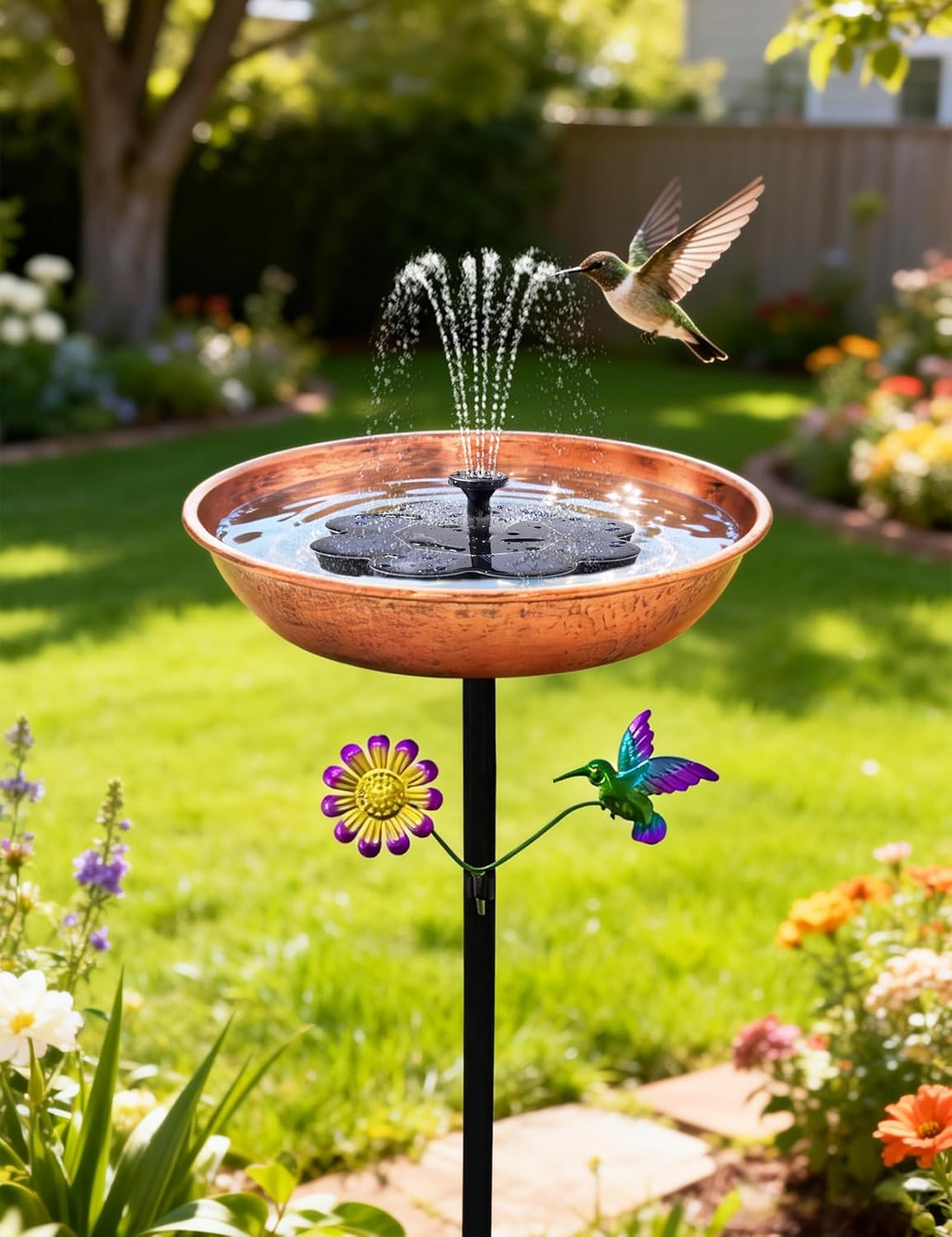 Freestanding Outdoor Bird Bath | Antique Copper 11” Metal Birdbath Bowl & Feeder with Stake for Garden Decor Yard Art (0.5 Gallon)