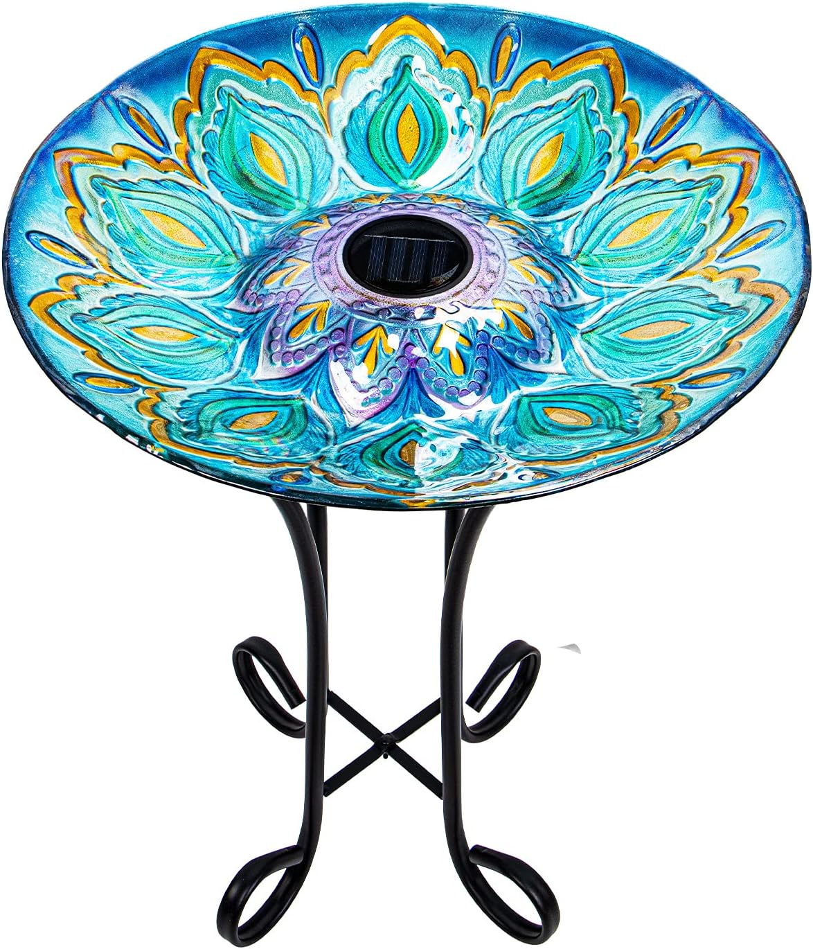 Glass Bird Bath Outdoor with Metal Stand for Lawn Yard Garden Decor Solar Large BirdBath Peacock Bird Feeder