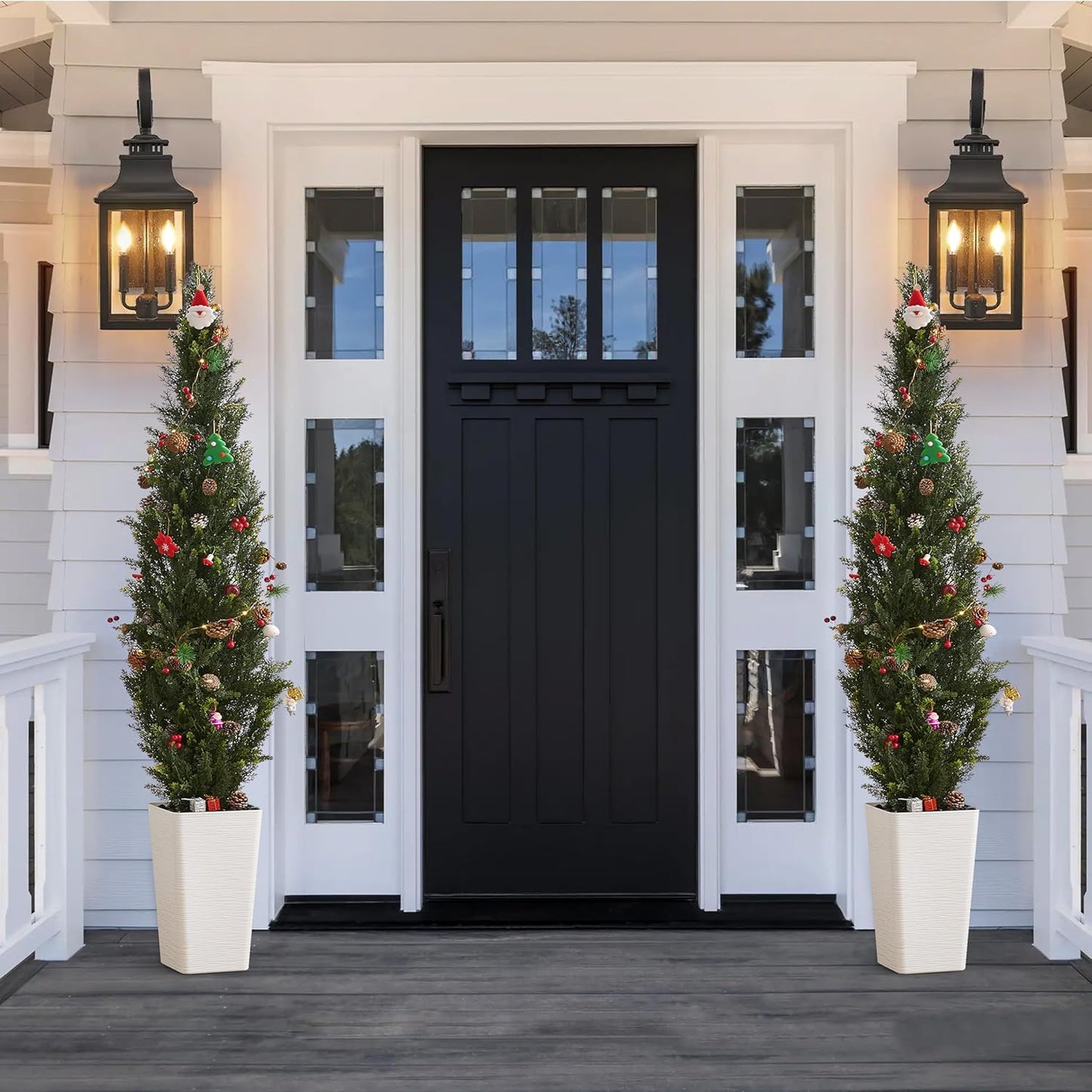 Artificial Cedar Trees 5FT Tall Artificial Bushes Cypress Shrubs, Fake Evergreen Shrubs with Extra Dense Foliage Realistic Potted & Pebbles Faux Plants for Front Porch Outdoor Christmas Tree