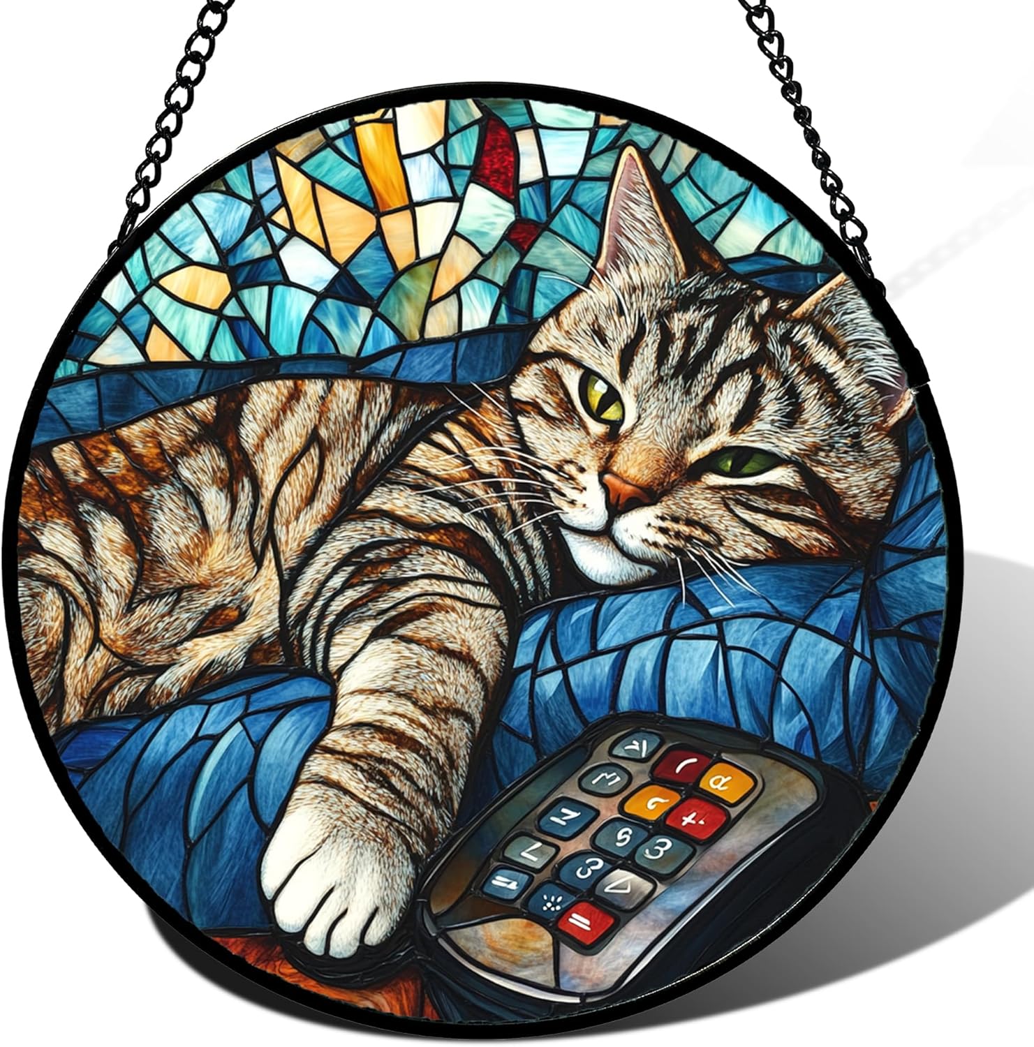 Stained Glass Window Hanging Gray Cat and Remote Control 6.3" - Suncat