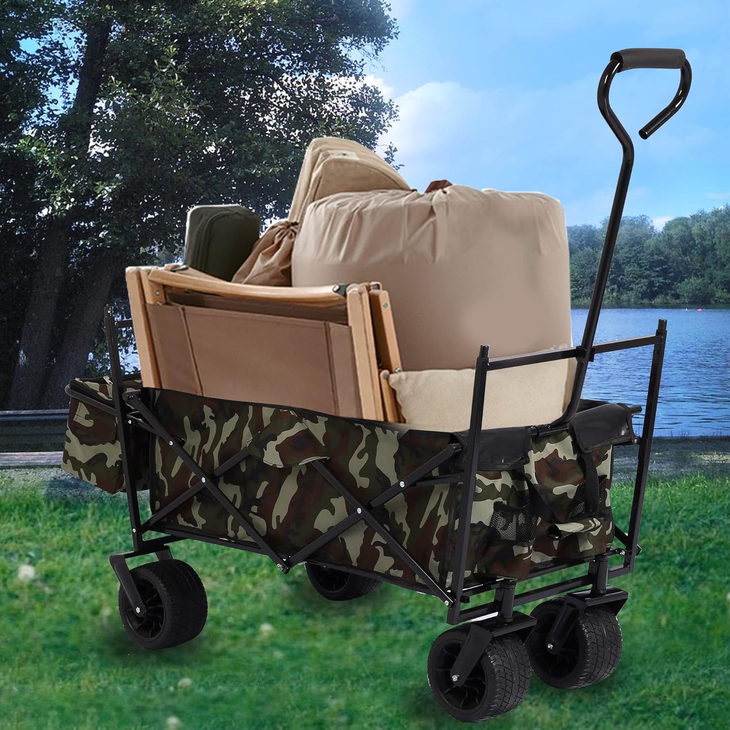 Outdoor Garden Park Wagon with Canopy and Pockets, Foldable Portable Utility Beach Trolley Cart with 7" Wheels for Camping Garden Sports (262LBS Max Weight Capacity) Dark Green Black As Shown