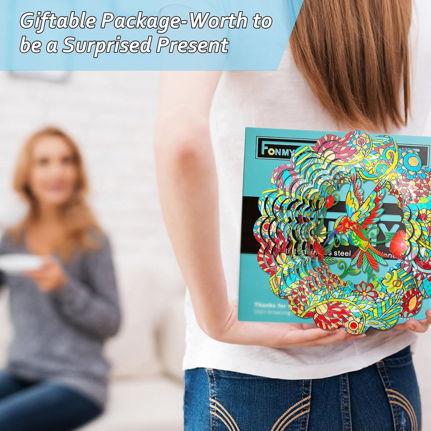 FONMY Wind Spinner Hummingbird 12 inch 3D Stainless Steel Wind Sculpture Worth Gift Christmas Decor. Laser Cut Metal Art Geometric Pattern - Hanging Mandala Wind Spinners, Kinetic Yard Art Decorations