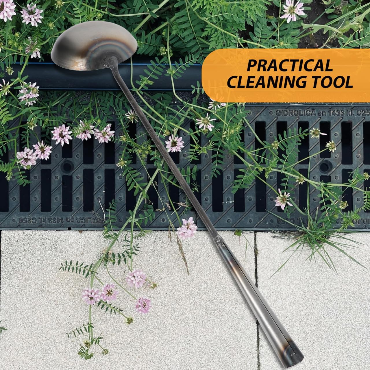 Zerodeko Long Handle Water Scoop and Mud Ladle 16.53In Durable Iron Garden Cleaning Spoon for Drain and Outdoor Use