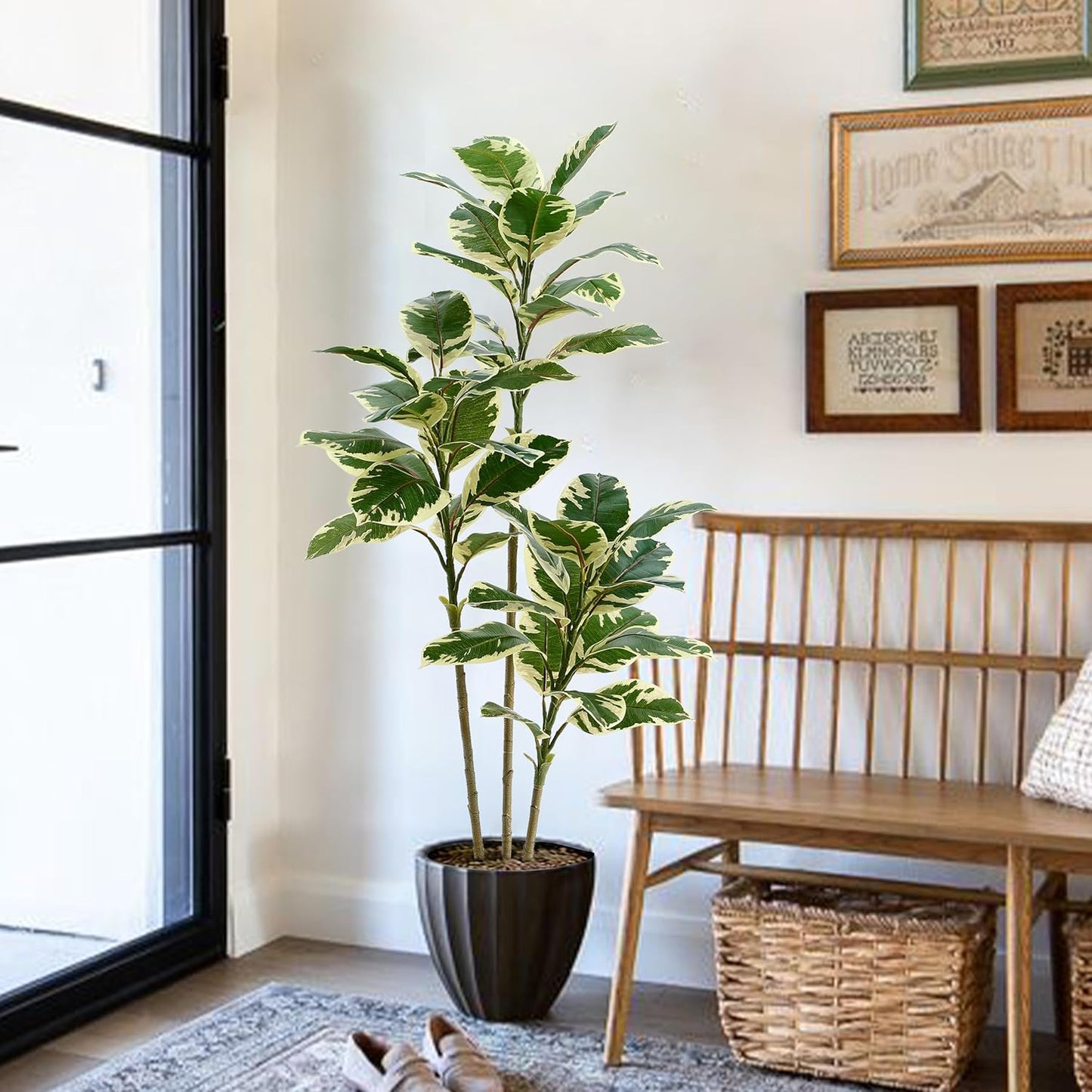 Artificial Rubber Plant, 5FT Faux Plants Indoor Fake Rubber Tree with White Planter, Tall Fake Plants Potted Tree Floor Plant in Pot, Artificial Trees for Home Office Room Outdoor Decor