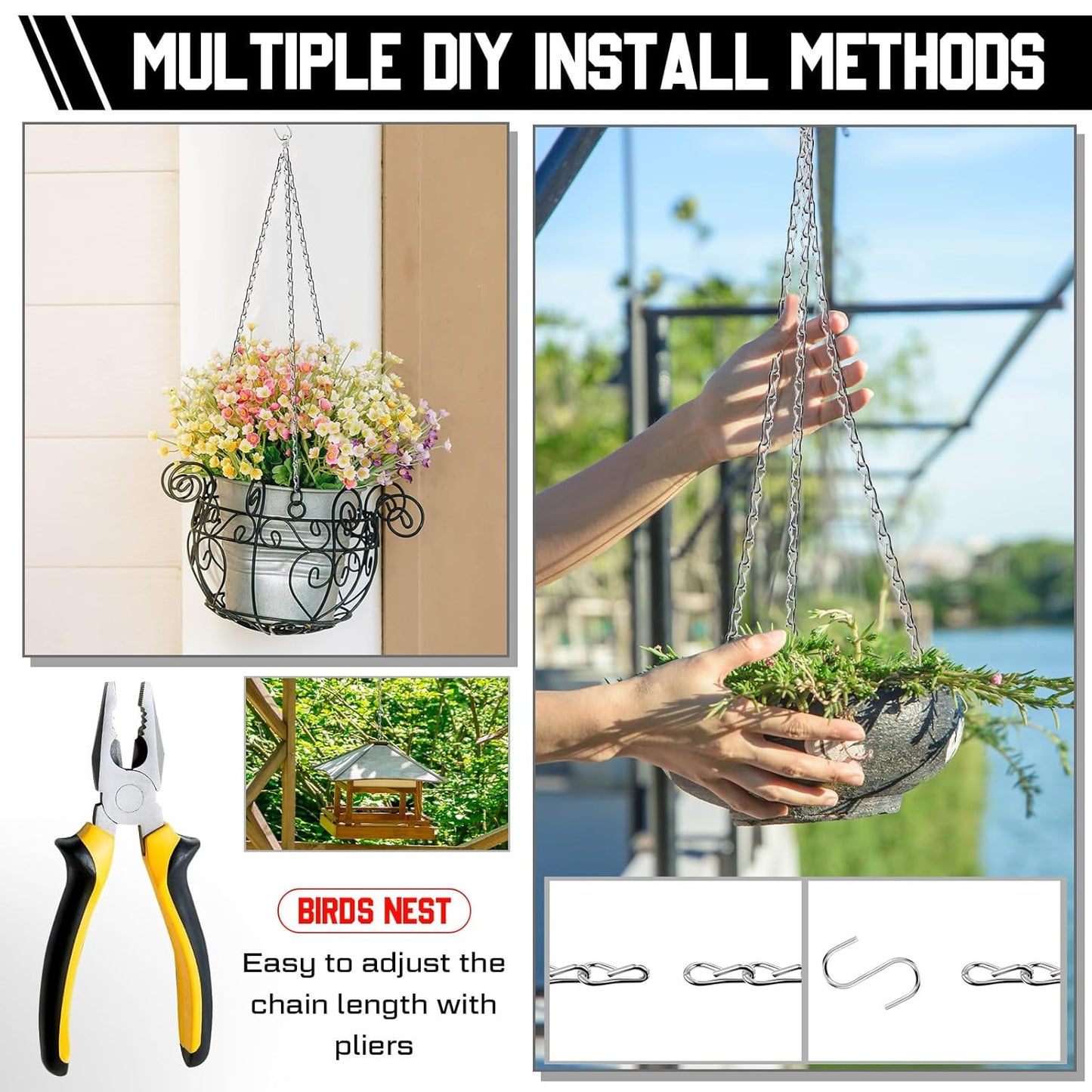 50ft Silver Jack Chain with 10 Pcs S Hooks Galvanized Steel Twist Chain with Spool-weldless for Hanging Fixture, Bird Feeders, Overhead Lights, Artworks, Flowerpots(2mm)