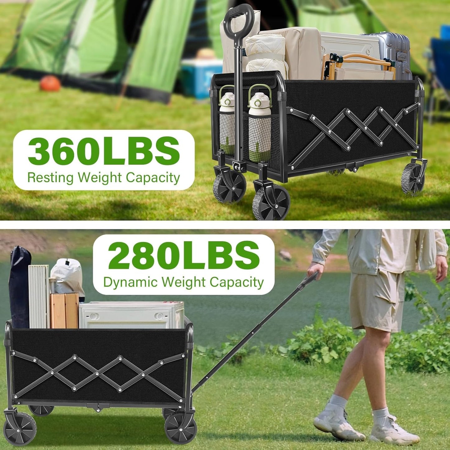 Wagons Carts Foldable - Collapsible Folding Wagon, Portable Folding Wagon Cart with Wheels, Outdoor Utility Carts for Groceries, Camping, Sports, Shopping, Garden, Black