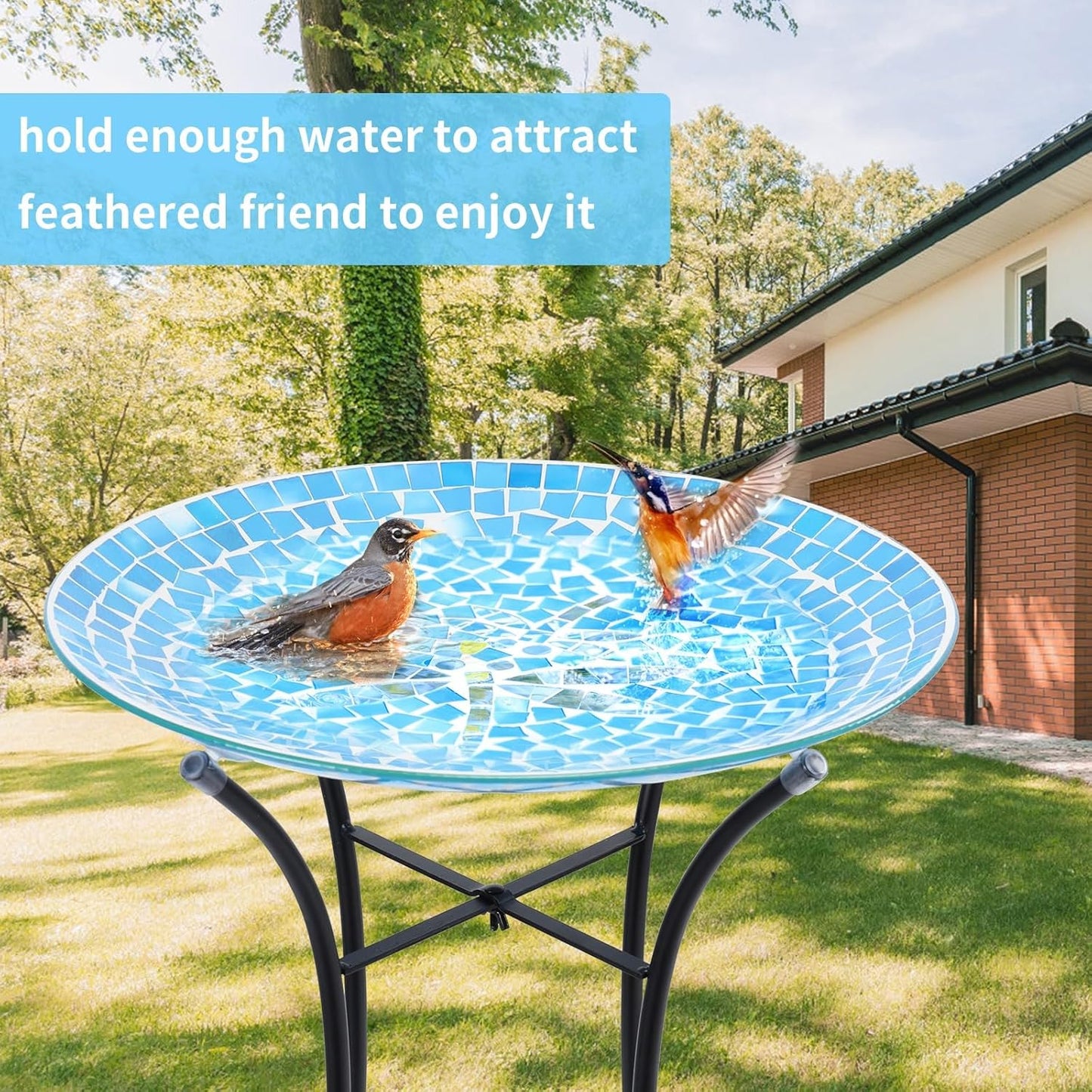 MUMTOP Mosaic Glass Bird Baths, 14 Inch Width Outdoor Garden Dragonfly Bird Bath Bowl with Metal Stand, Unique Glass Birdbaths Bird Feeder for Yard Decor, 19.68 Inch Height