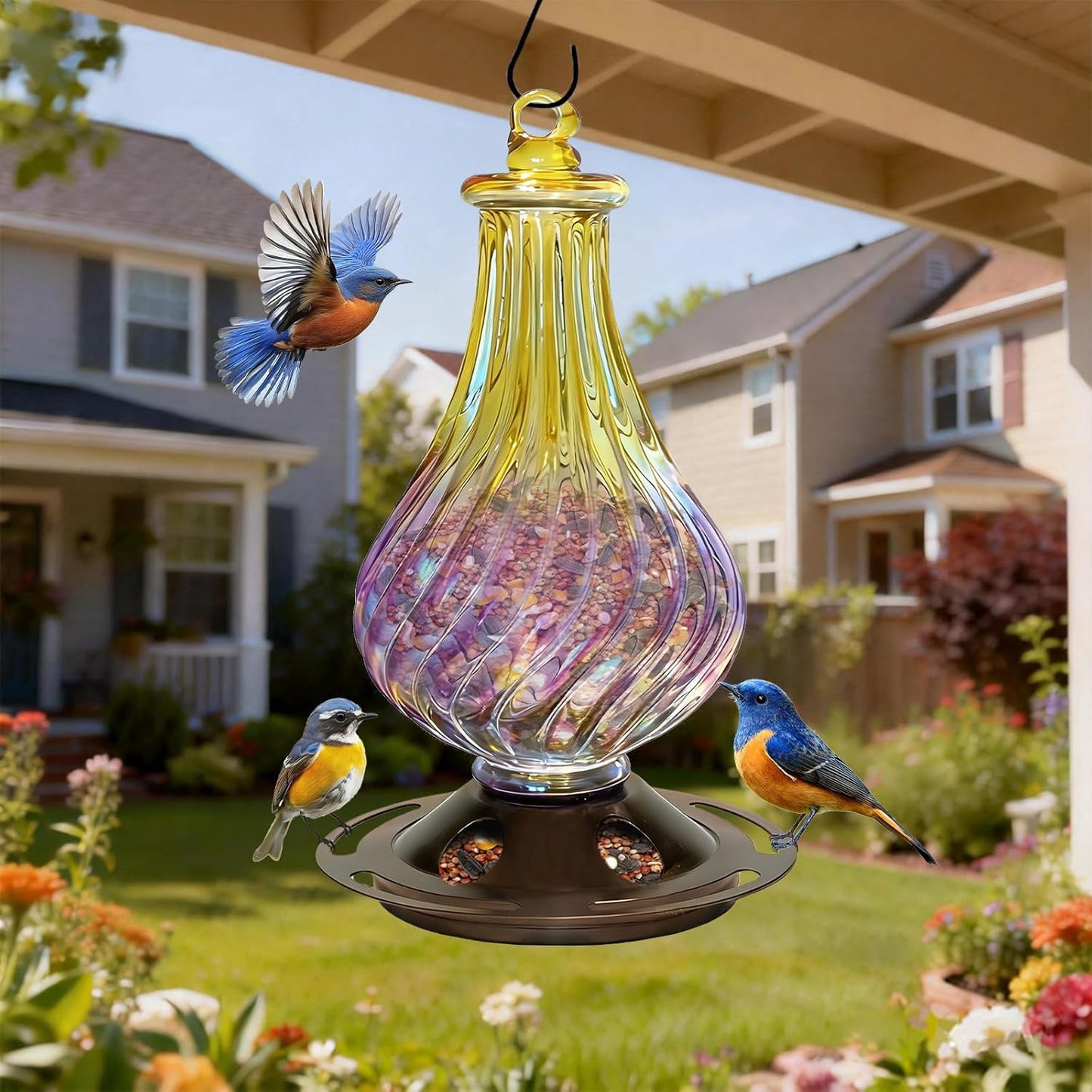 Bird Feeders for Outdoors – Hand Blown Glass Hanging Bird Feeder with Metal Base, 5 Feeding Ports, 24 oz Hanging Wild Bird Feeder for Cardinals & Blue Jays, Garden Decor Gift