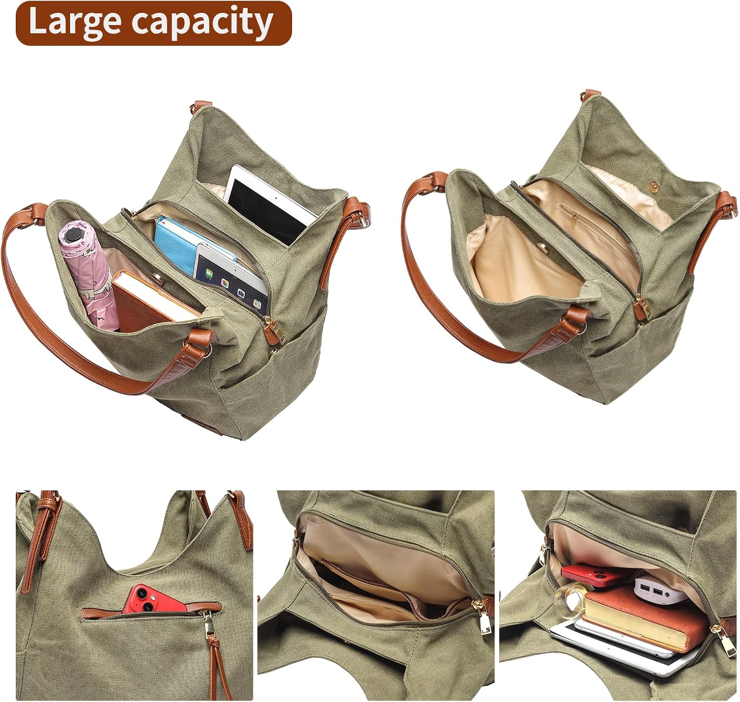 Worldlyda Women Canvas Hobo Purse Multi Pocket Tote Shopper Shoulder B
