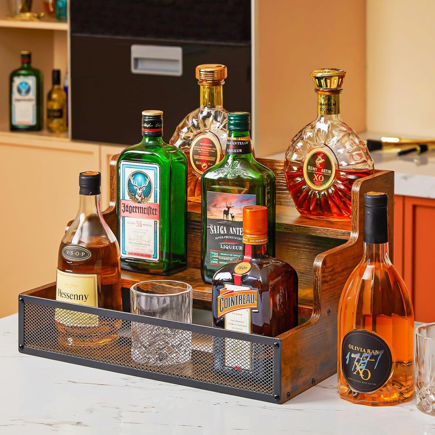 3 Step Countertop Liquor Bottle Display Shelf, Wood Bar Shelves 12 Bot