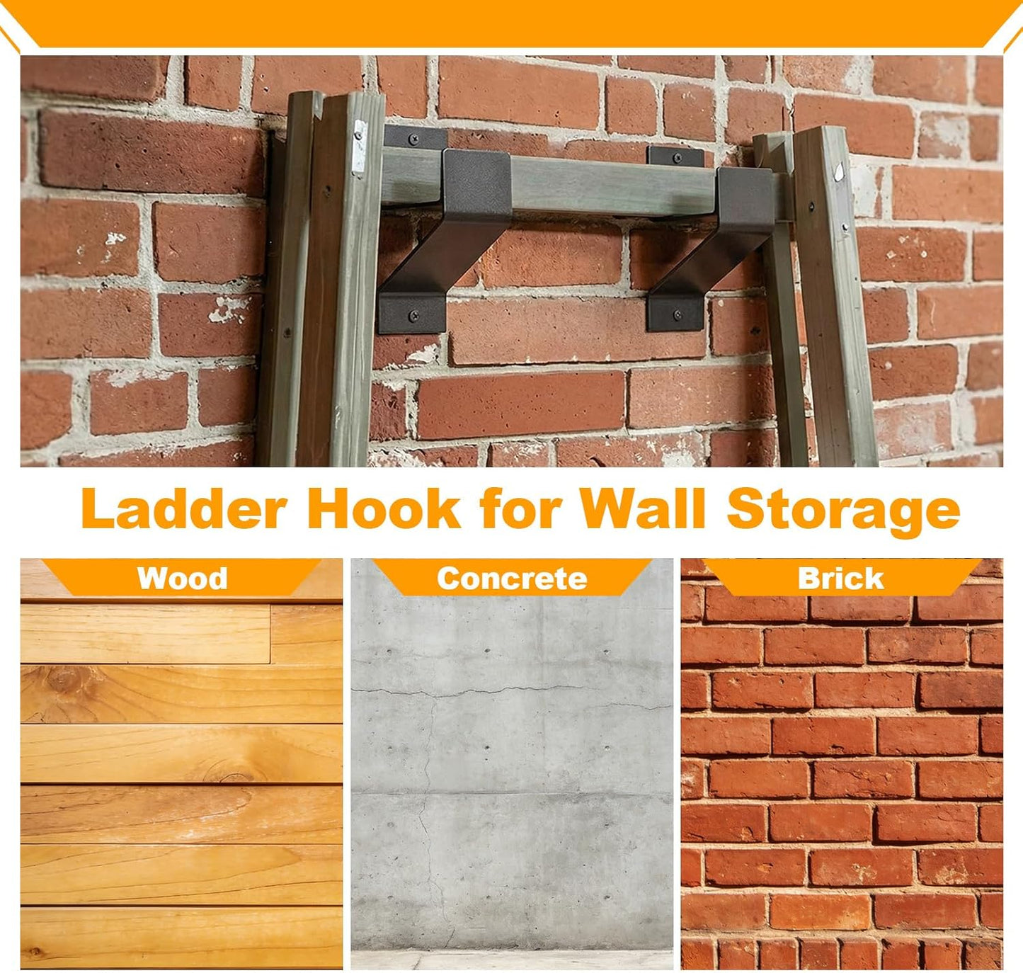 4 Pack Ladder Hooks for Garage Wall Heavy Duty Steel Ladder Brackets with Mounting Hardware, Heavy Duty Utility Hanger for Step, Wheelbarrow & Garden Tools Storage, 50 Lbs Capacity