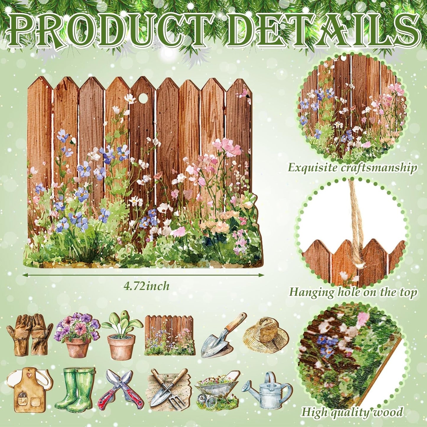 24 Pcs Christmas Garden Ornaments Garden Tool Shovel Trowel Wooden Ornaments for Gardening Lover Gifts Men Women Christmas Tree Decoration Holiday