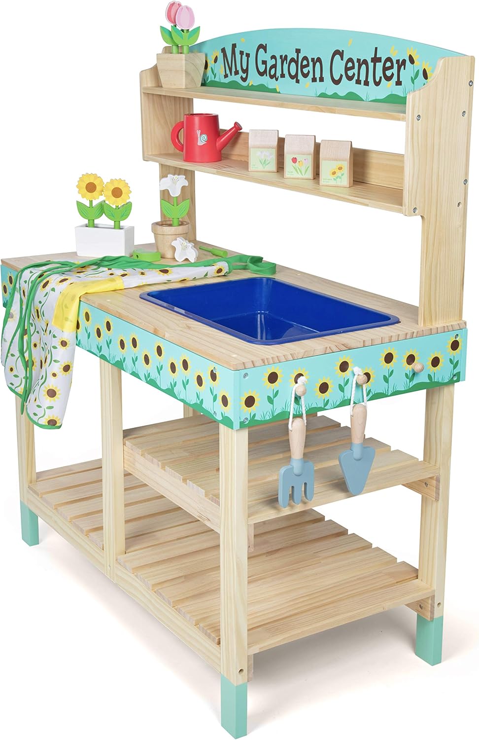 Bloom & Grow Gardening Center Wooden Toy Indoor Playset- Kids Easter Gift- 22 Pc Garden Stand Set w Flowers, Seed Packet, Pots Shovel Rake Apron Watering Pot- Interactive Fun Pretend Playtime Activity
