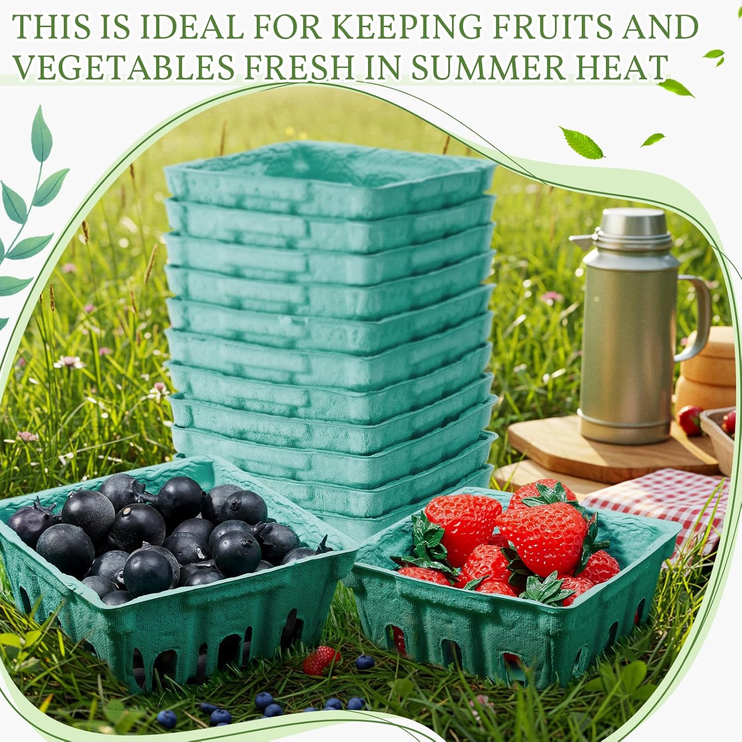 300 Pack 1/2 Pint Pulp Fiber Berry Baskets, Green Vented Containers fo