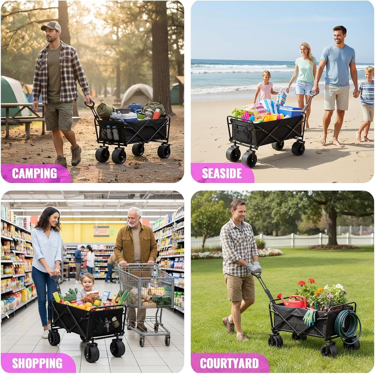 180L Collapsible Wagons Carts,Foldable Shopping Wagon Cart，500lbs Weight Capacity Beach Wagon with Wheels,Collapsible Folding Utility for Camping, Garden, Sports, Shopping (Black)