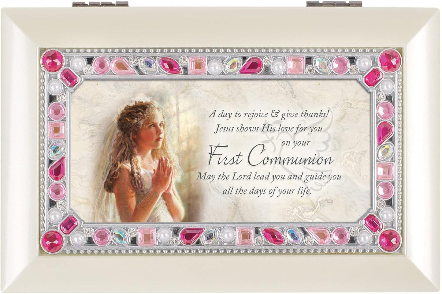 Cottage Garden First Communion Girl Praying Rejoice Matte Ivory Jewelr