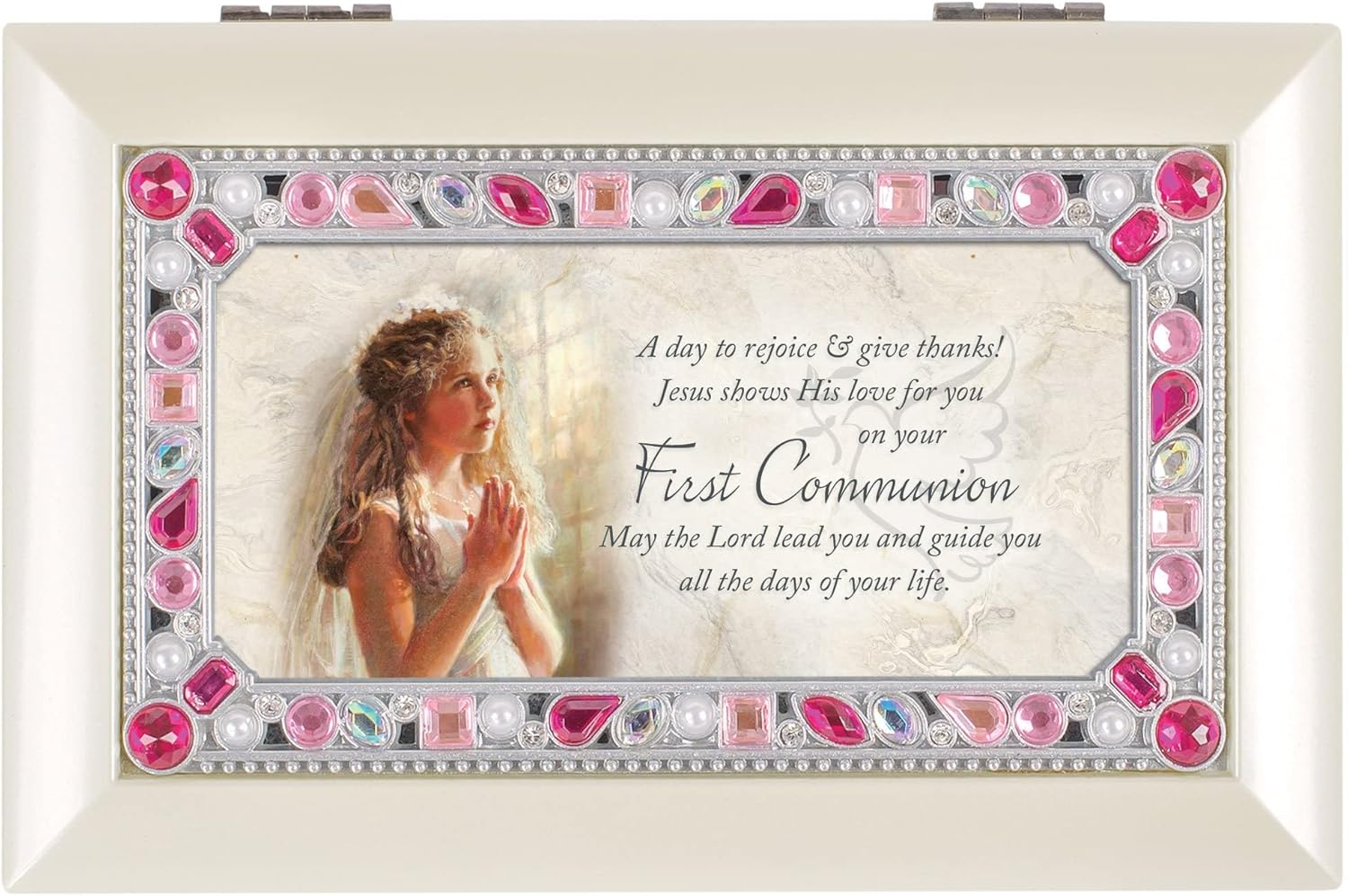 Cottage Garden First Communion Girl Praying Rejoice Matte Ivory Jewelr
