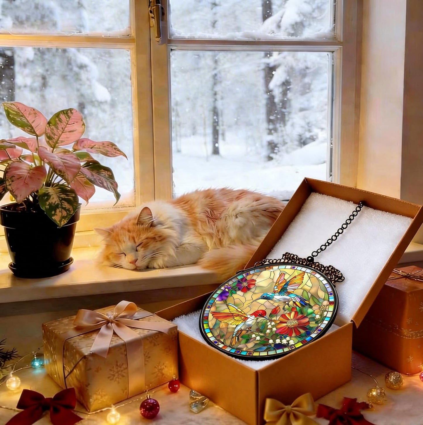Stained Glass Window Hanging, Hummingbird Gifts Sun Catcher, Sun Catchers Indoor Window, Colorful Glass Panel,Suncatcher Room Decor,Gifts for Grandma Mom Wife,Aunt Birthday Gifts for Women 7.8in