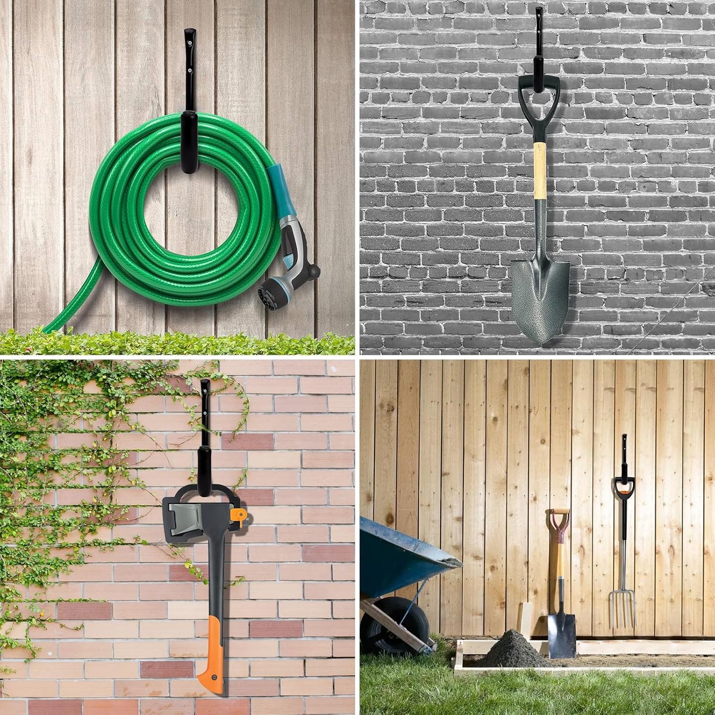 KURUI 10" Garage Organization Wall Hooks, 66 LB Heavy Duty Water Hose Holder for Hanging Ladder Extension Cord Garden Tool Cable, 4 Pcs, Black
