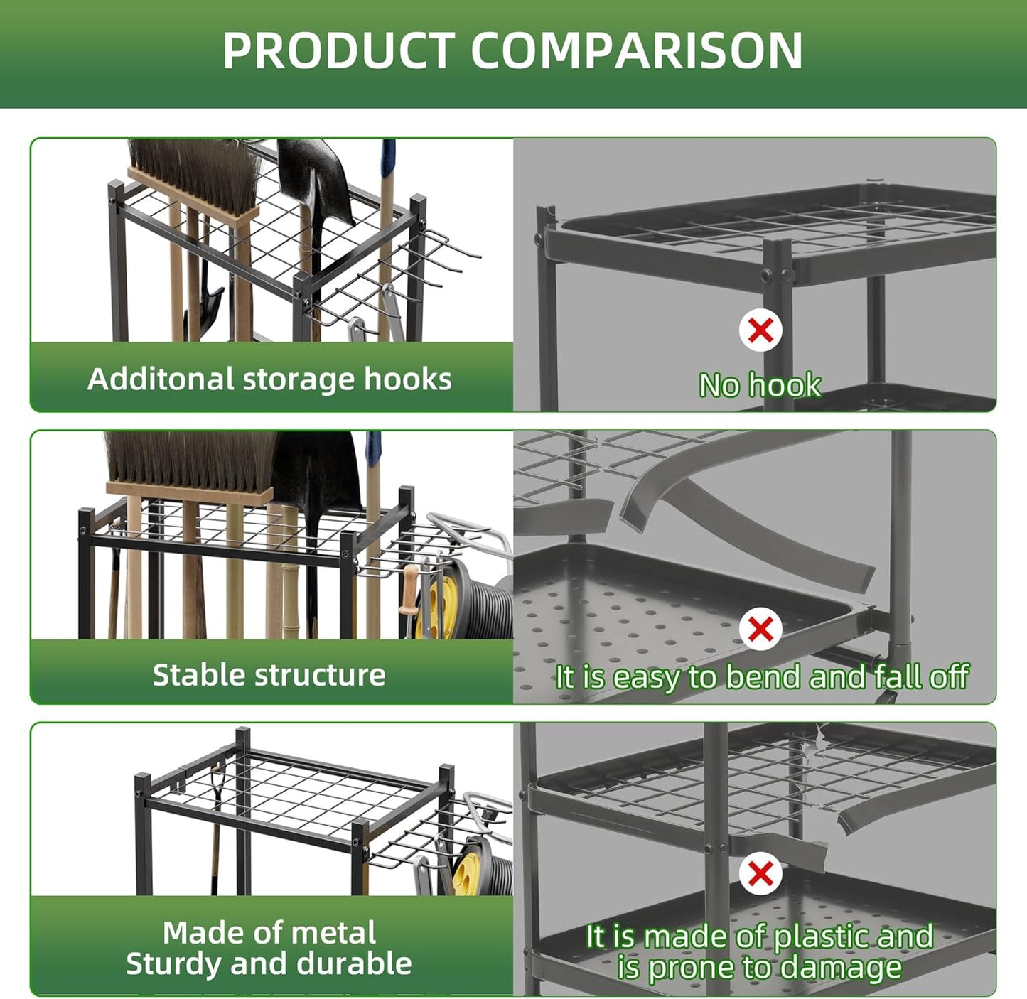 Garden Tool Organizer Stand with Wheels,Yard Tool Organizer for Garage with 2 Hooks, Rack Up to 42 Tools,Broom Holder & Garden Tool Rack for Shed, Patio, Outdoor Use