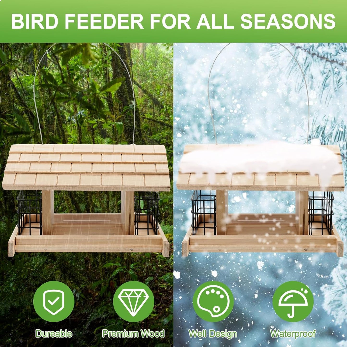 Wooden Bird Feeder for Outdoors Hanging Mount Large Capacity, Pine Garden Roof Feeder with 2 Suet Cages, Cardinal Bluebird Birdfeeder for Garden Decoration Yard, Weatherproof Durable