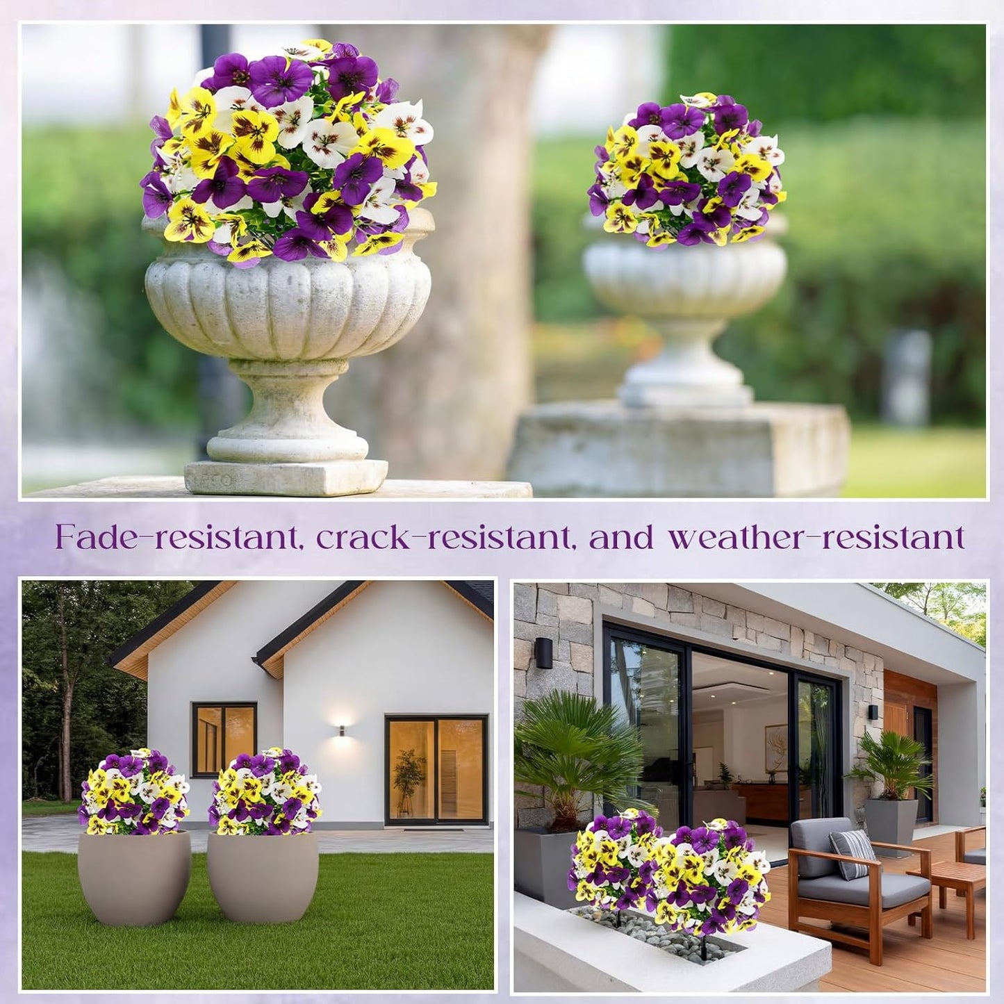 Retrowavy 4 Pcs Artificial Pansy Flowers for Outdoor, Artificial Topiary Boxwood Fake Silk Pansies Bushes for Spring Yard Garden Patio Porch Planters Pots Window Decor (8 x 16.5,Purple,Yellow,White)