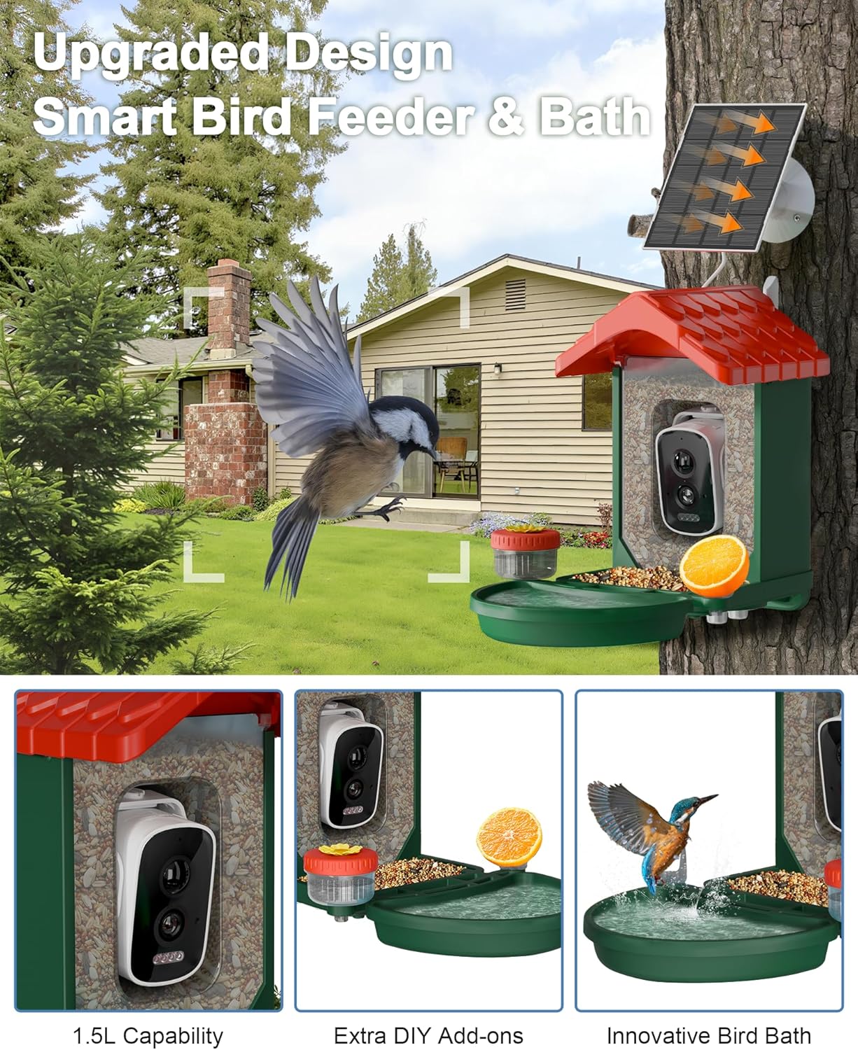 2-in-1 Smart Wild Bird Feeder & Bath with 4K HD Camera, AI Identification Solar Bird Feeder Watching Camera Night Vision for Outdoor Birds Watching Gifts for Birdlover, Red & Green