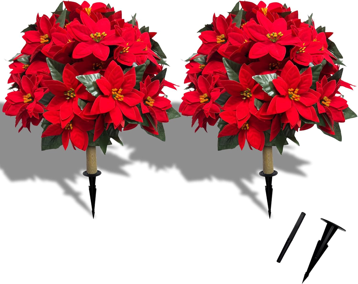 2 Pack 24.5-Inch Artificial Poinsettia Flowers with Ground Spike, Christmas Topiary Balls Trees, Faux Poinsettias Bush,Fake Poinsettia UV Realistic for Outdoor Porch Home Patio Christmas Decor