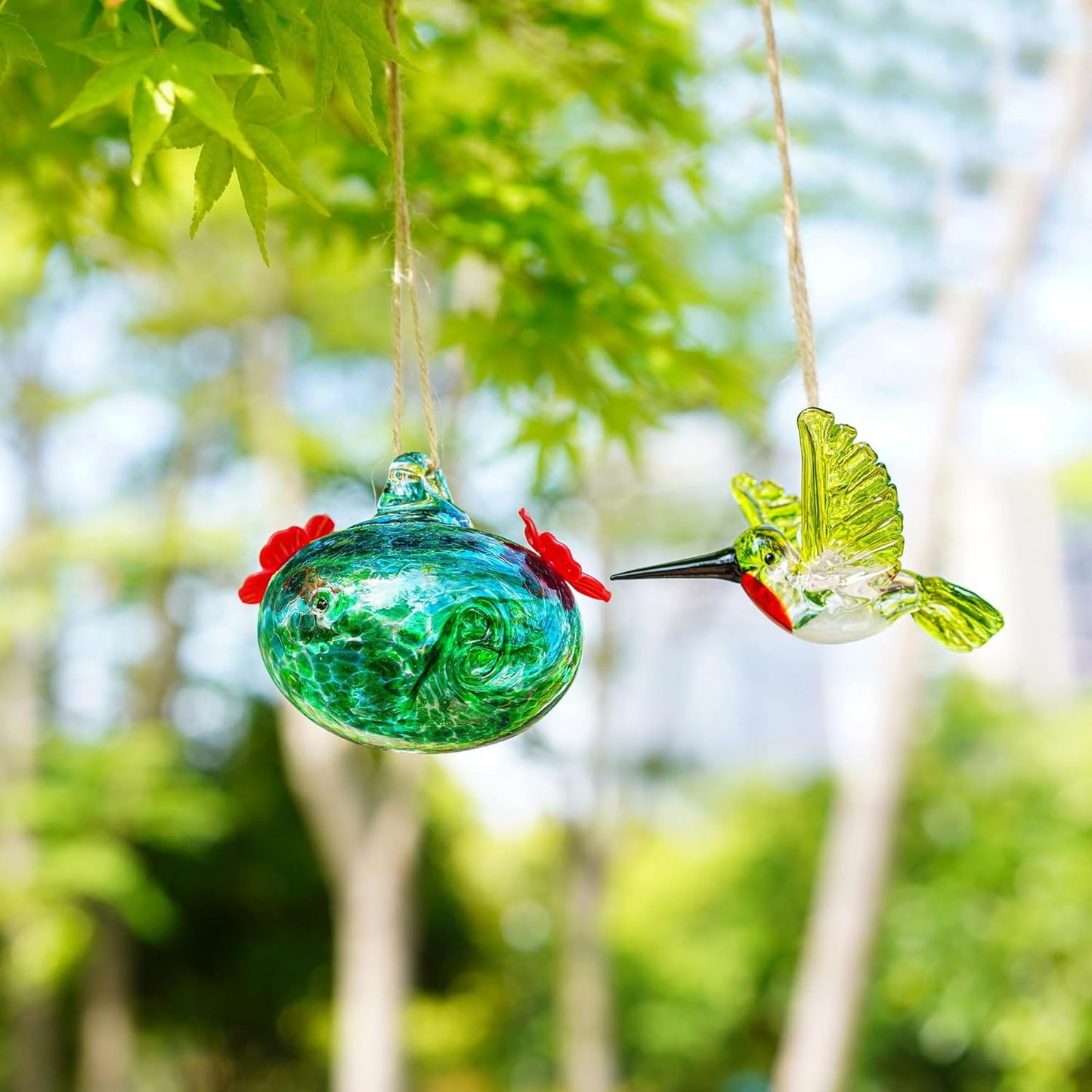 3inch Blown Glass Hummingbird Feeders for Outdoors Small Glass Hummingbird Feeders to Attract Hummingbirds Ant and Bee Resistant Round Feeder Unique Gifts for Woman - 2 Feeding Ports