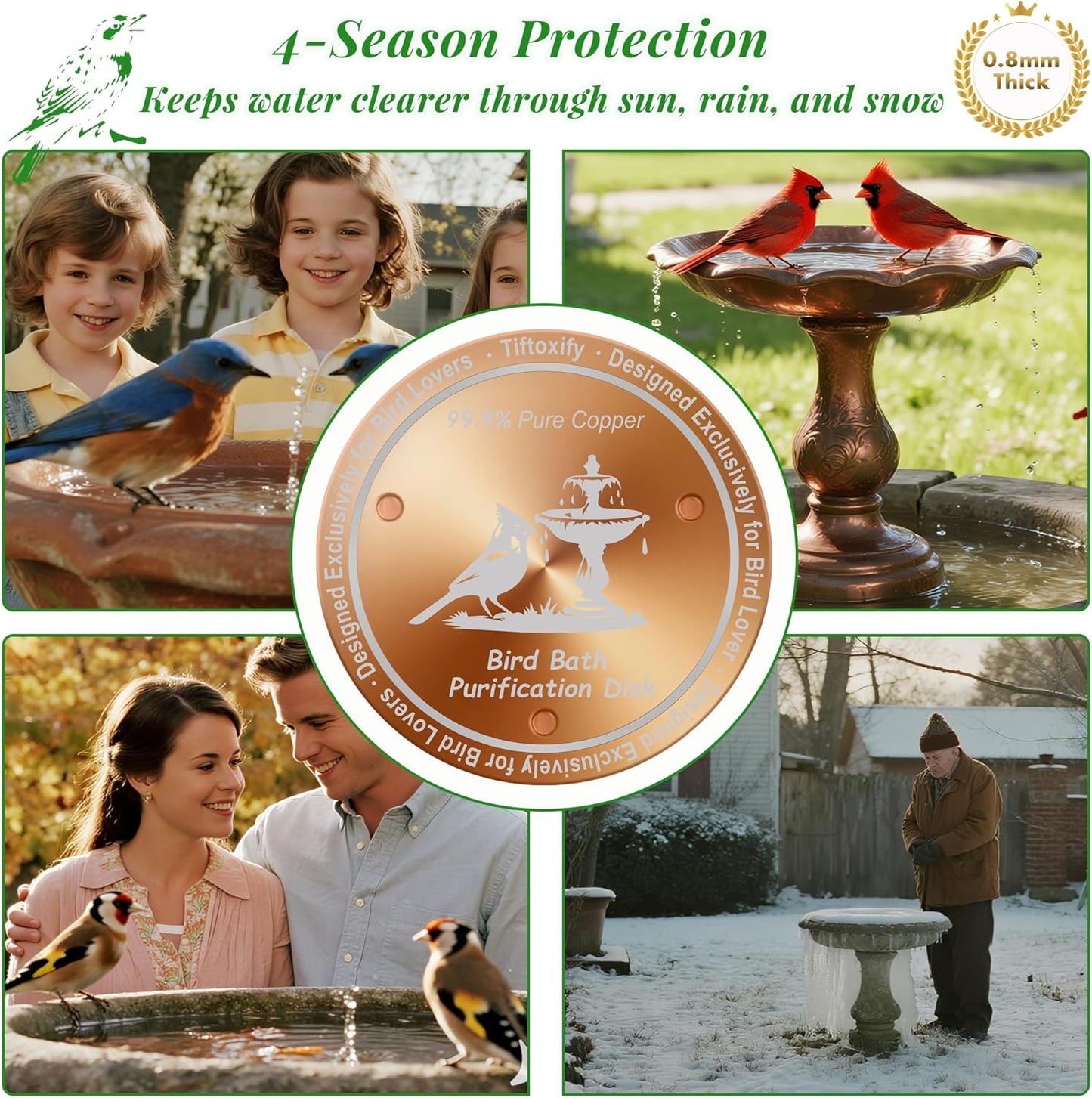 0.8mm Reinforced 99.99% Pure Copper Bird Bath Disk - Triple-Point Support Design for Physical Safe Water Maintenance, Universal Fit All-Season Outdoor Birdbaths Bowls, 1Pcs