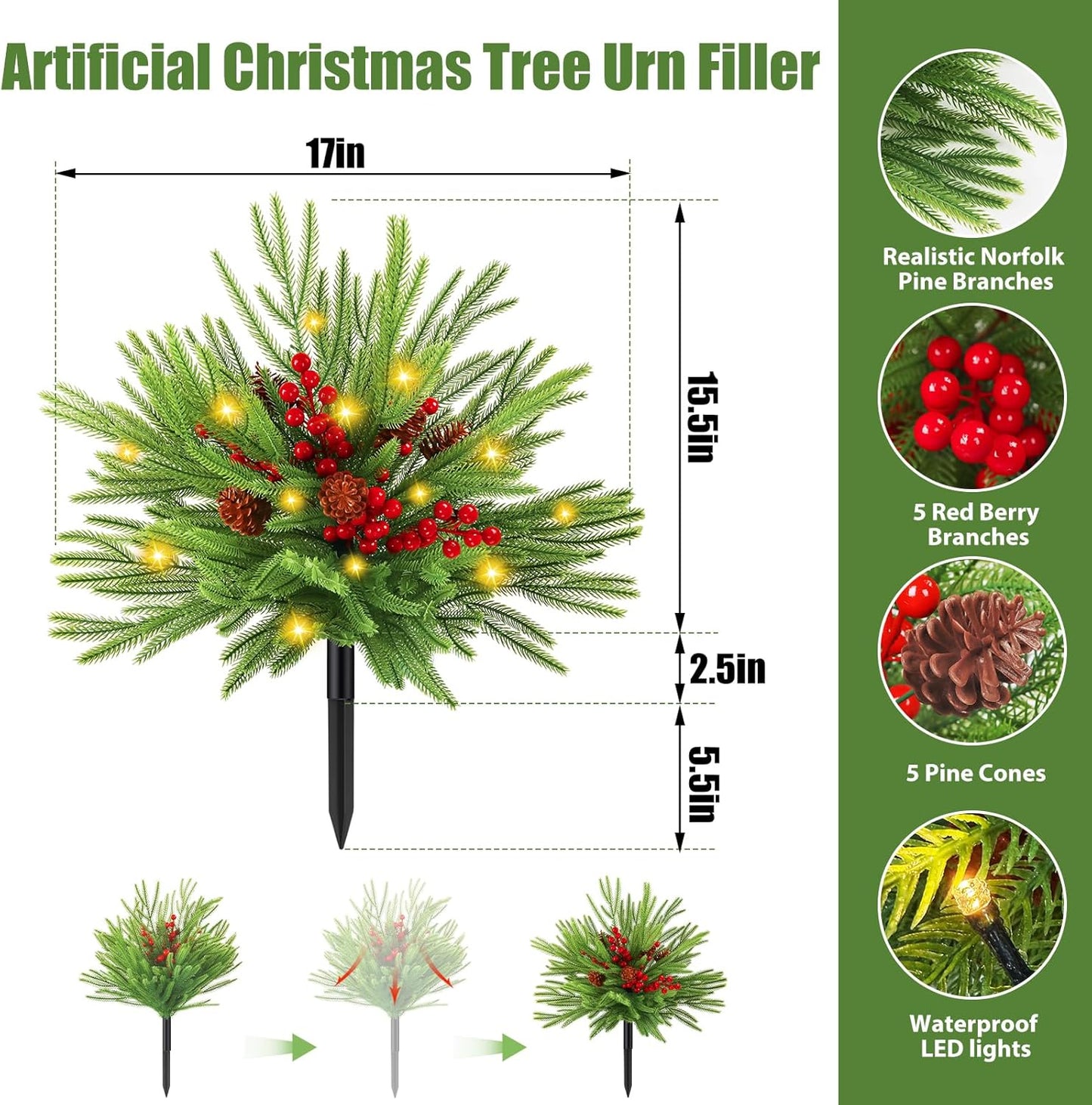 2 Pack 24" Artificial Norfolk Pine Christmas Tree Urn Filler with Ligh