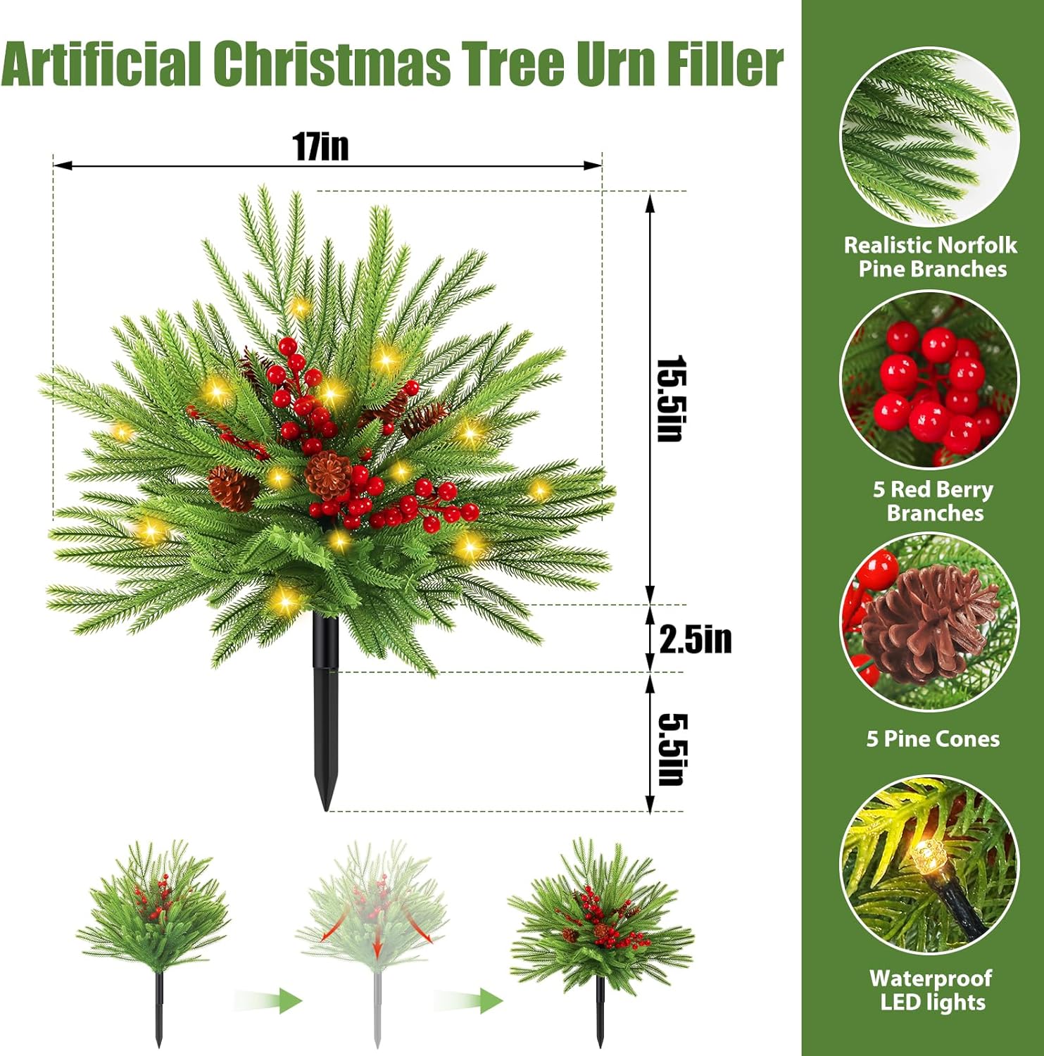 2 Pack 24" Artificial Norfolk Pine Christmas Tree Urn Filler with Ligh