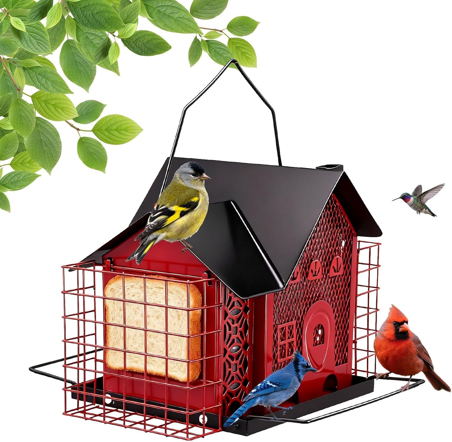 Outdoor Hanging Bird Feeder Large Capacity Durable and Sturdy Decorative Metal Bird Feeder Green and Black Two-Tone Waterproof Design with Sloped Tray Easy-Fill Wild Bird House (Red)