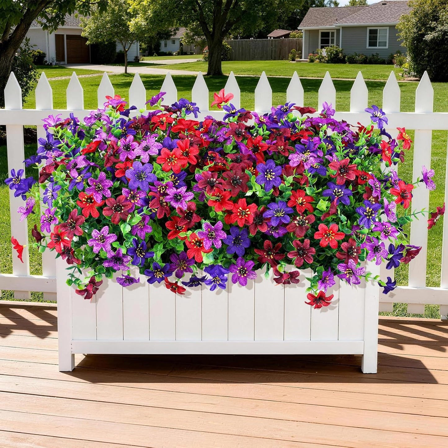 Homsunny Artificial Flowers for Outdoors 12 Bundles Fake Plants Spring Home Decoration, Realistic Faux Flower Silk Daisy with Eucalyptus Stem UV Resistant Patio Planter Porch Yard Window (4 Colors)