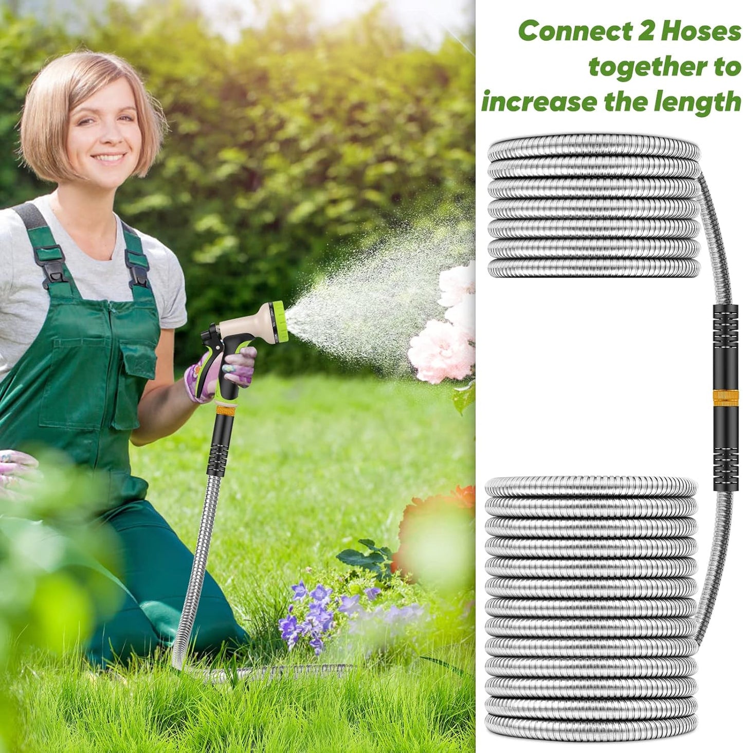 Garden Hose 50ft, Stainless Steel Water Hose with 10 Function Nozzle F