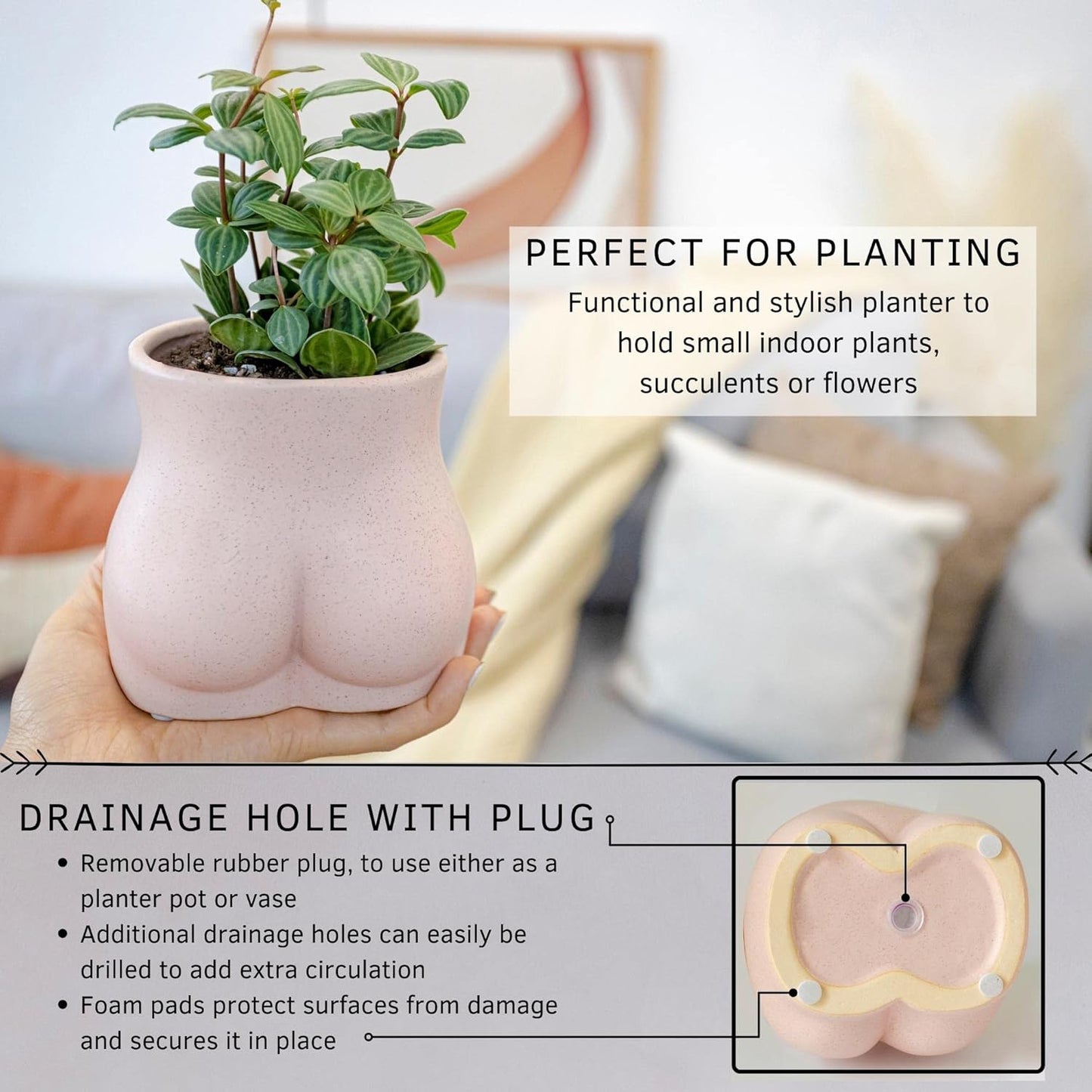 BASE ROOTS Plant Pot Ceramic Planter Vase with Drainage for Succulents, Cactus, Flowers - Ideal for Boho Indoor & Outdoor Garden, Aesthetic Living Room, Bedroom, Desk Organizer Decor & Gift Idea