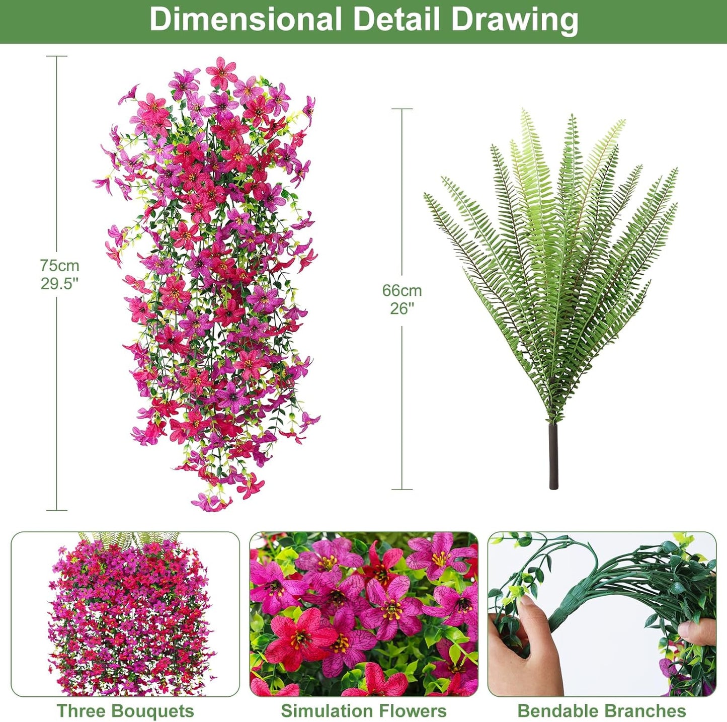 Artificial Fake Flowers Plants for Outdoor Decoration,3 Pcs Faux Hanging Flowers with Boston Ferns Spring Summer Decor,UV Resistant Realistic Fake Silk Flowers for Planter Balcony Yard Porch Garden