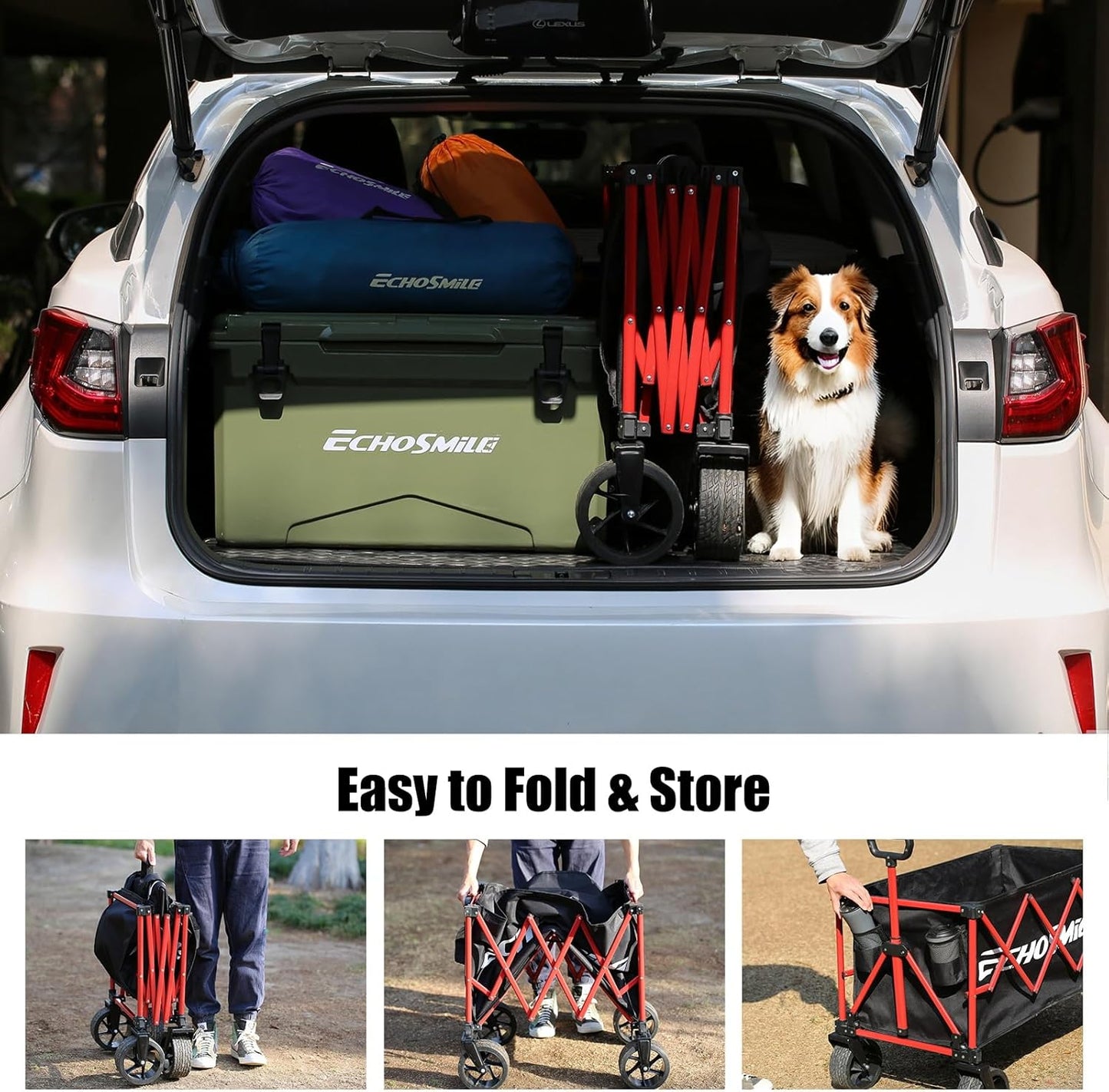 EchoSmile Collapsible Folding Wagon Cart 360lbs, Heavy Duty Garden Uti